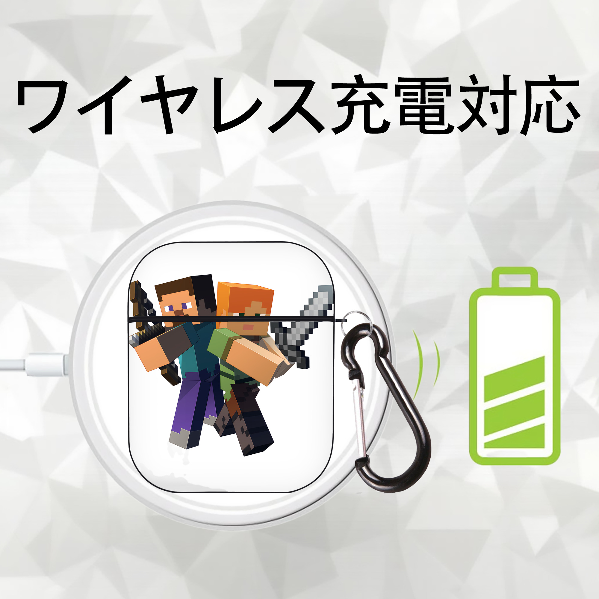 マインクラフト ブロックの世界 Minecraft MC Block world AirPods 第2世代保護ケース ハードシェル ブラック 耐衝撃・防指紋・カラビナ付き
