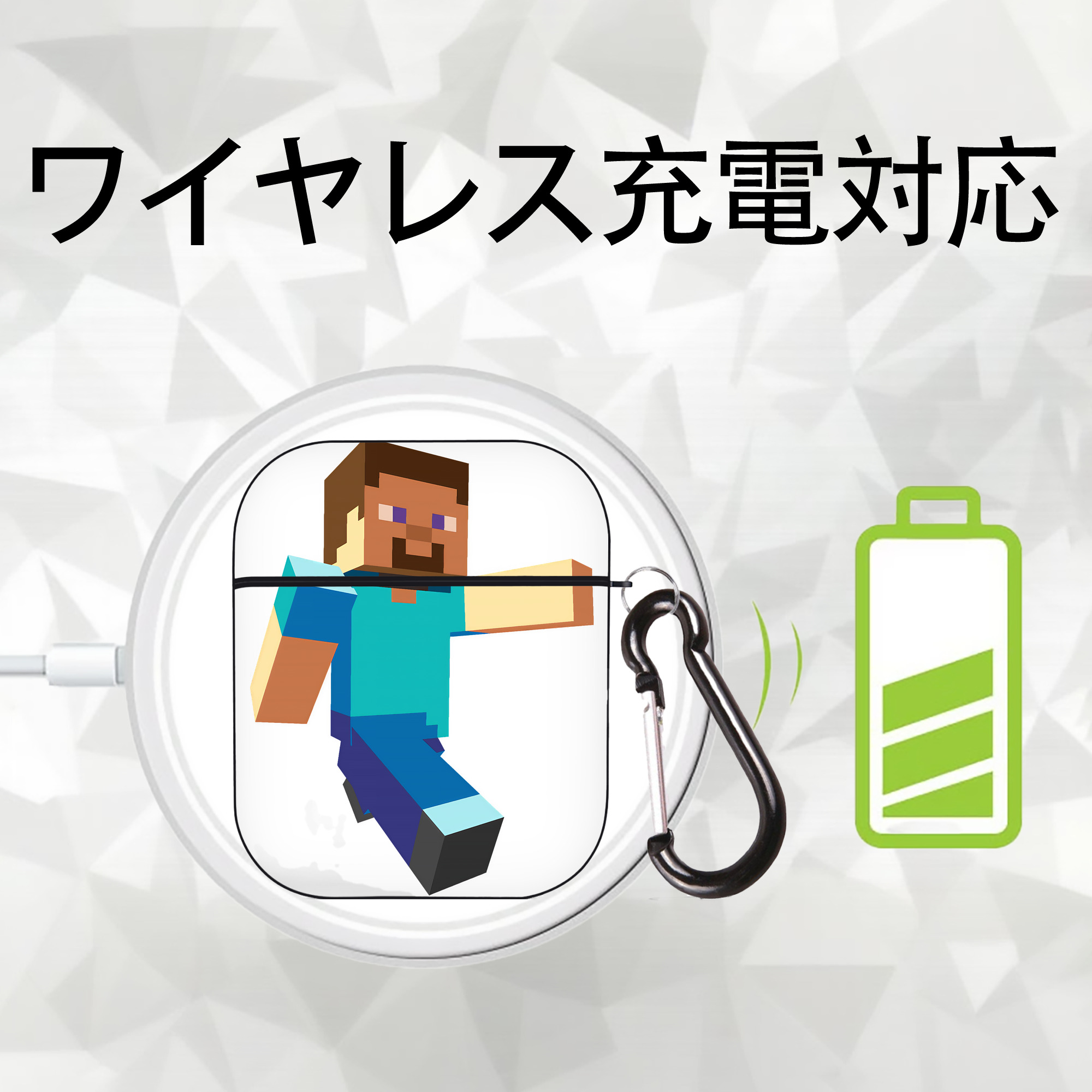 マインクラフト ブロックの世界 Minecraft MC Block world AirPods 第2世代保護ケース ハードシェル ブラック 耐衝撃・防指紋・カラビナ付き