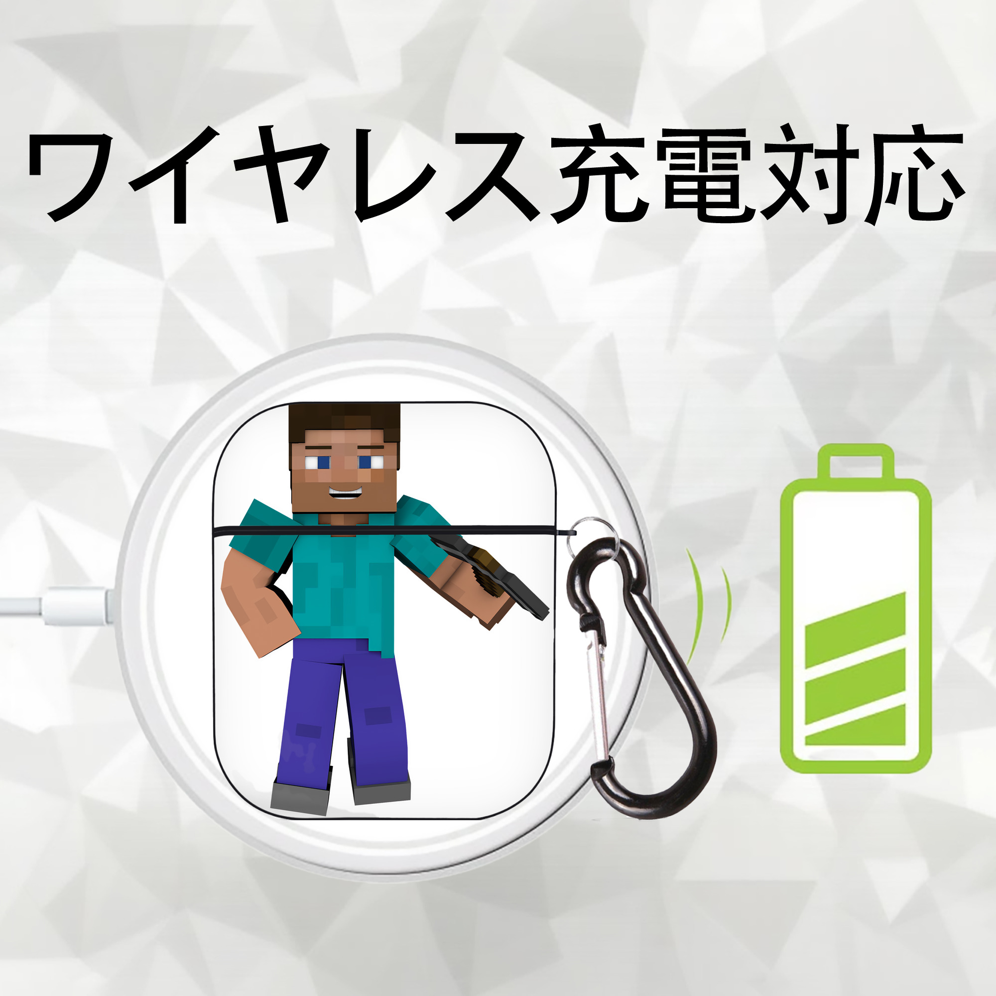 マインクラフト ブロックの世界 Minecraft MC Block world AirPods 第2世代保護ケース ハードシェル ブラック 耐衝撃・防指紋・カラビナ付き