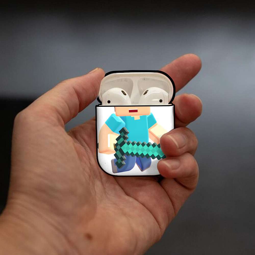 マインクラフト ブロックの世界 Minecraft MC Block world AirPods 第2世代保護ケース ハードシェル ブラック 耐衝撃・防指紋・カラビナ付き