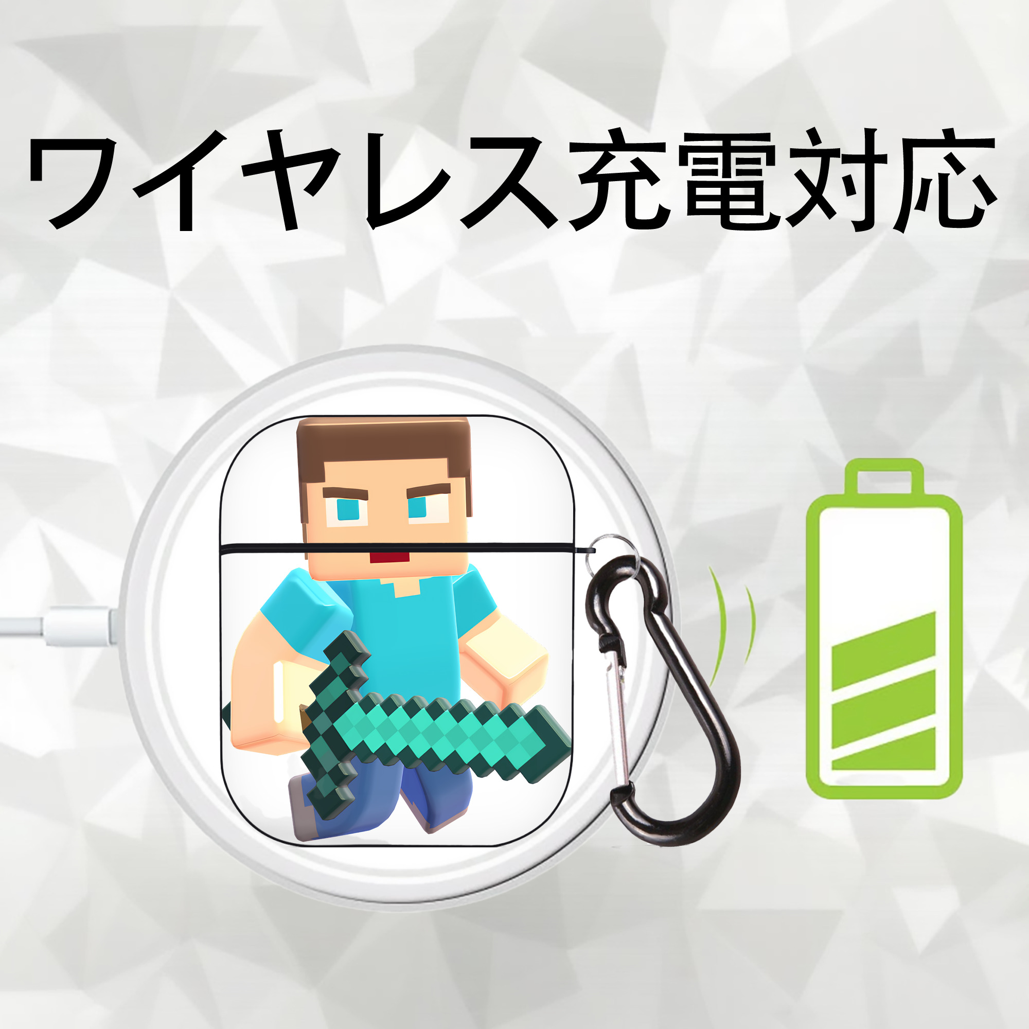 マインクラフト ブロックの世界 Minecraft MC Block world AirPods 第2世代保護ケース ハードシェル ブラック 耐衝撃・防指紋・カラビナ付き