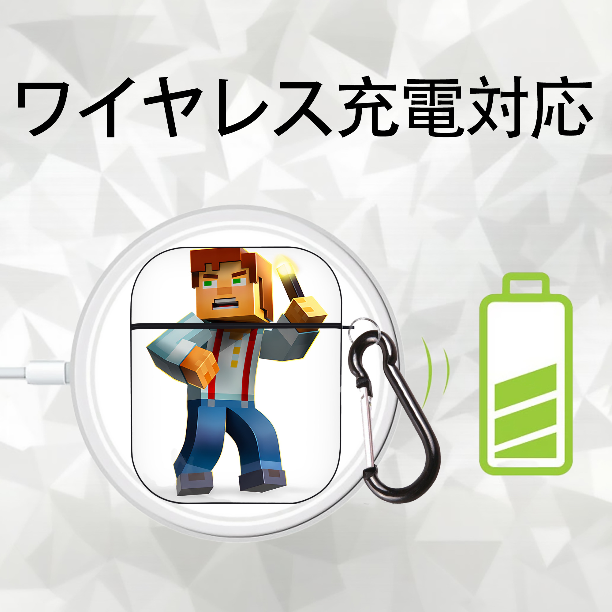 マインクラフト ブロックの世界 Minecraft MC Block world AirPods 第2世代保護ケース ハードシェル ブラック 耐衝撃・防指紋・カラビナ付き