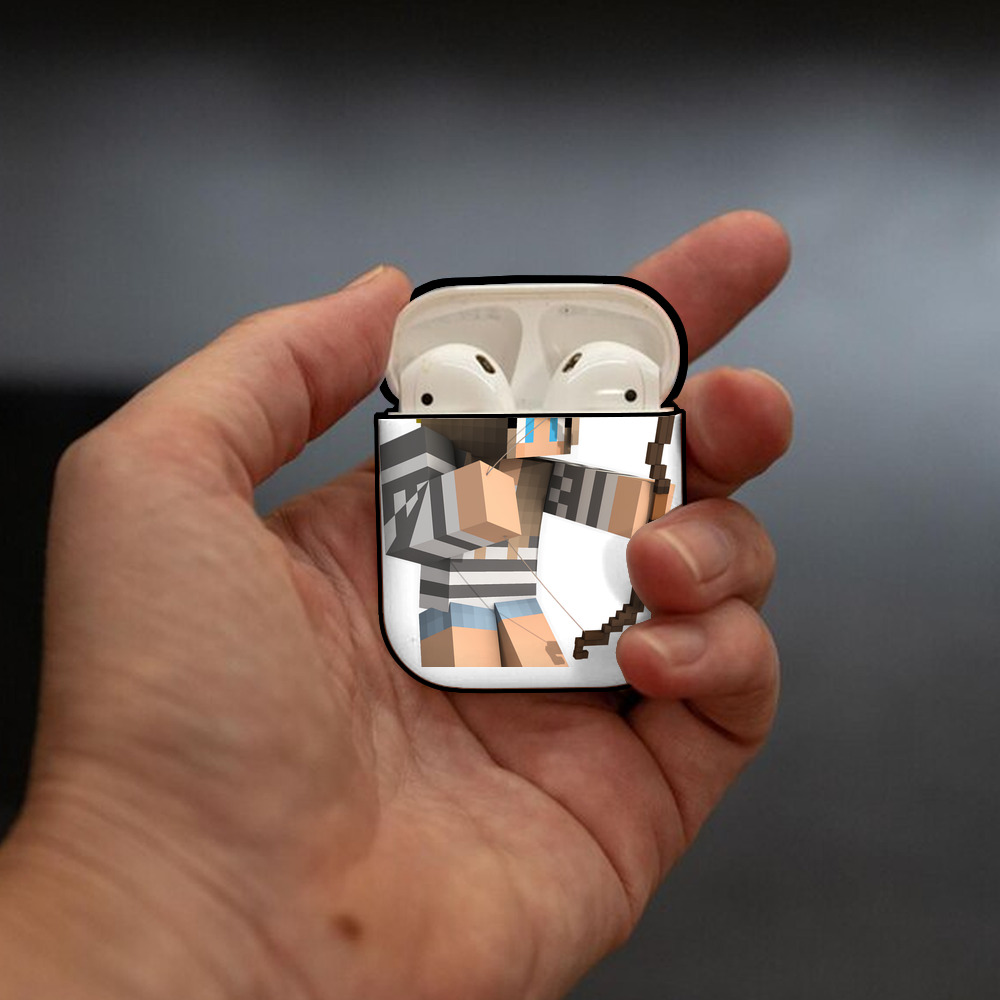 マインクラフト ブロックの世界 Minecraft MC Block world AirPods 第2世代保護ケース ハードシェル ブラック 耐衝撃・防指紋・カラビナ付き