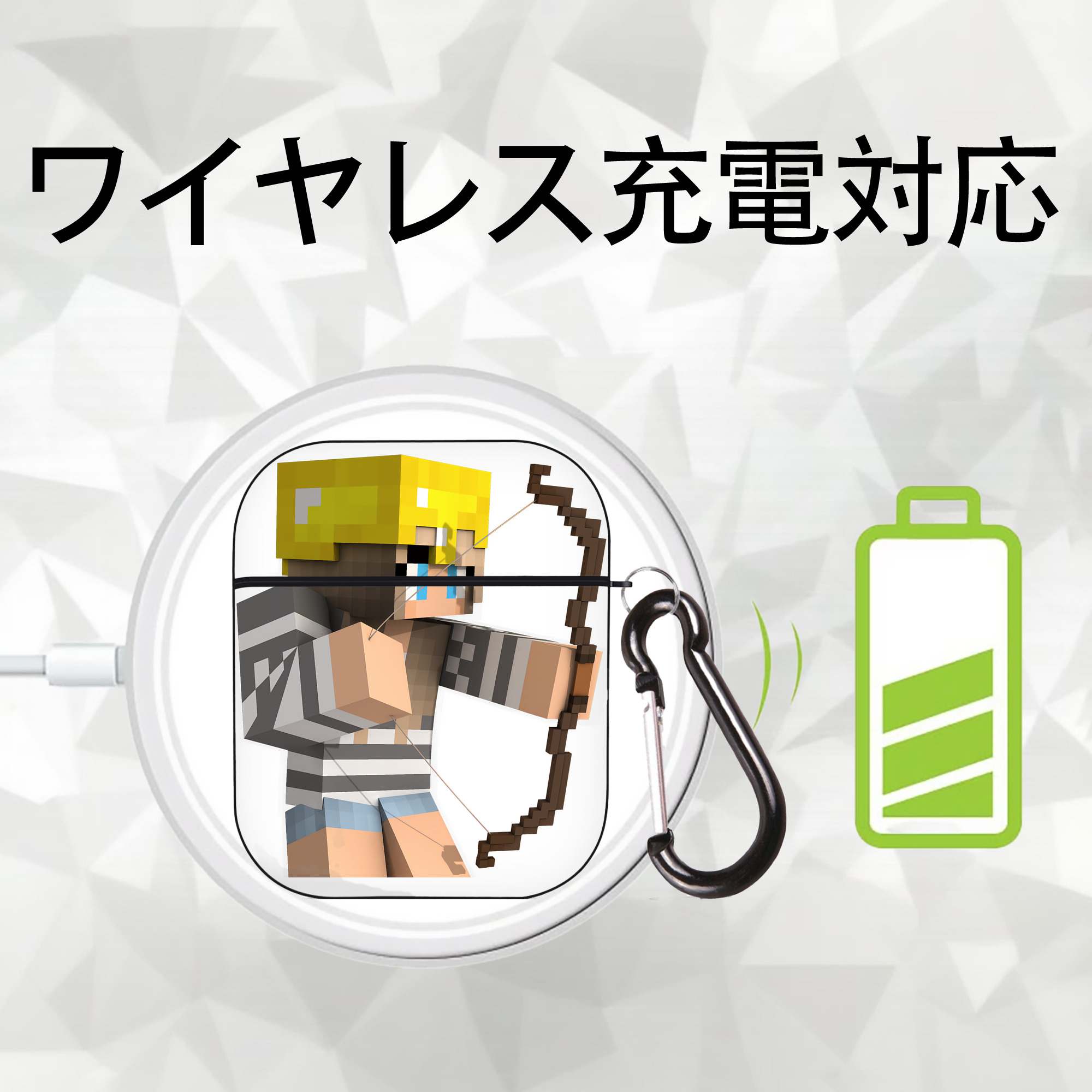 マインクラフト ブロックの世界 Minecraft MC Block world AirPods 第2世代保護ケース ハードシェル ブラック 耐衝撃・防指紋・カラビナ付き