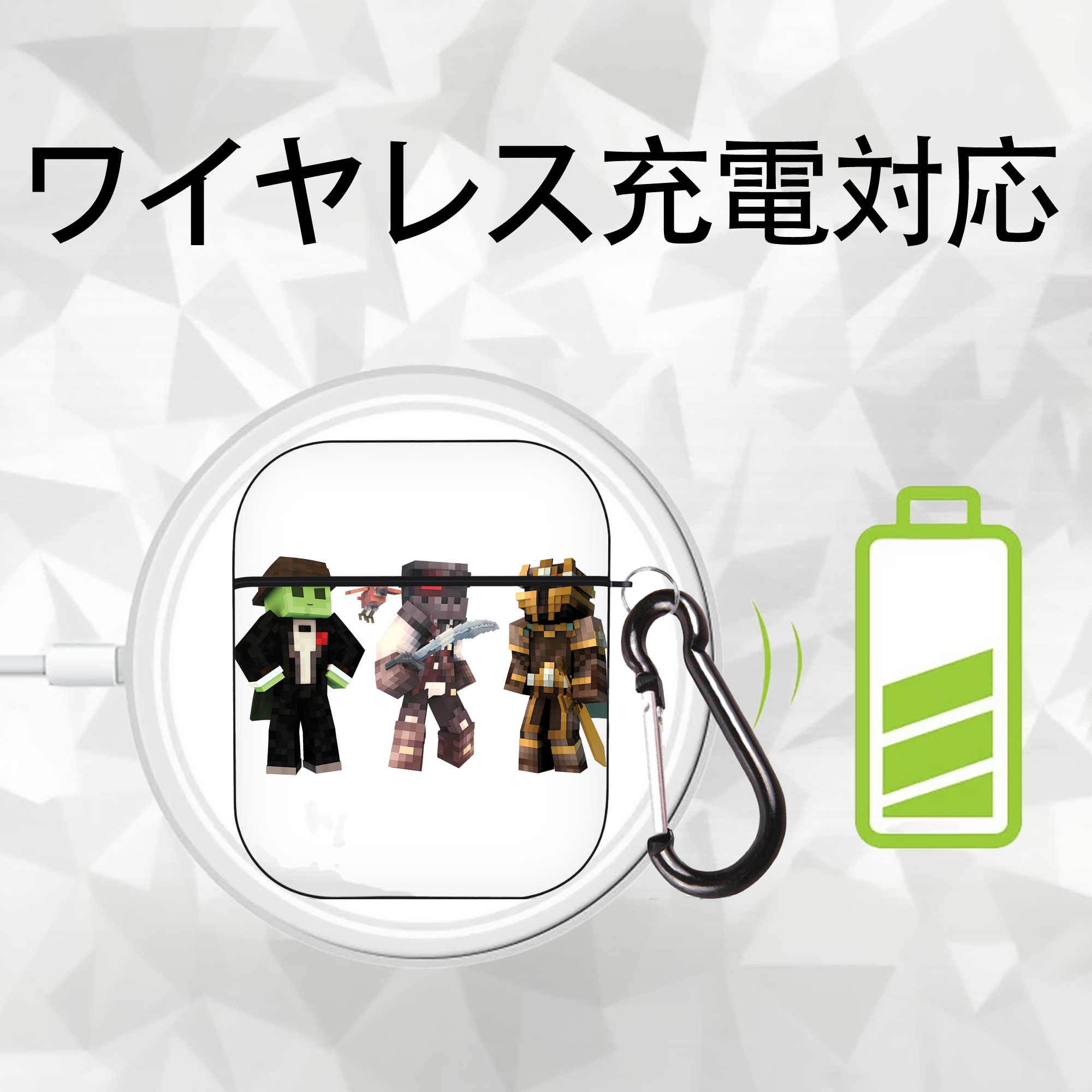 マインクラフト ブロックの世界 Minecraft MC Block world AirPods 第2世代保護ケース ハードシェル ブラック 耐衝撃・防指紋・カラビナ付き