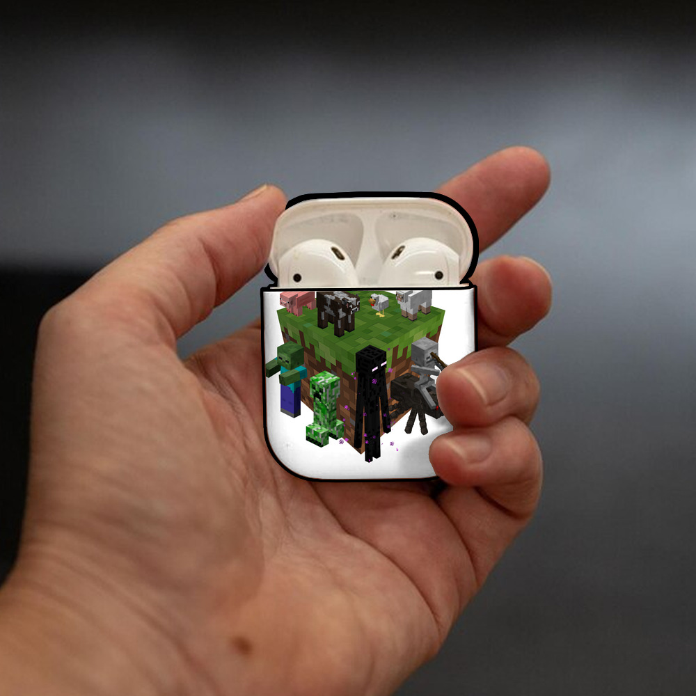 マインクラフト ブロックの世界 Minecraft MC Block world AirPods 第2世代保護ケース ハードシェル ブラック 耐衝撃・防指紋・カラビナ付き