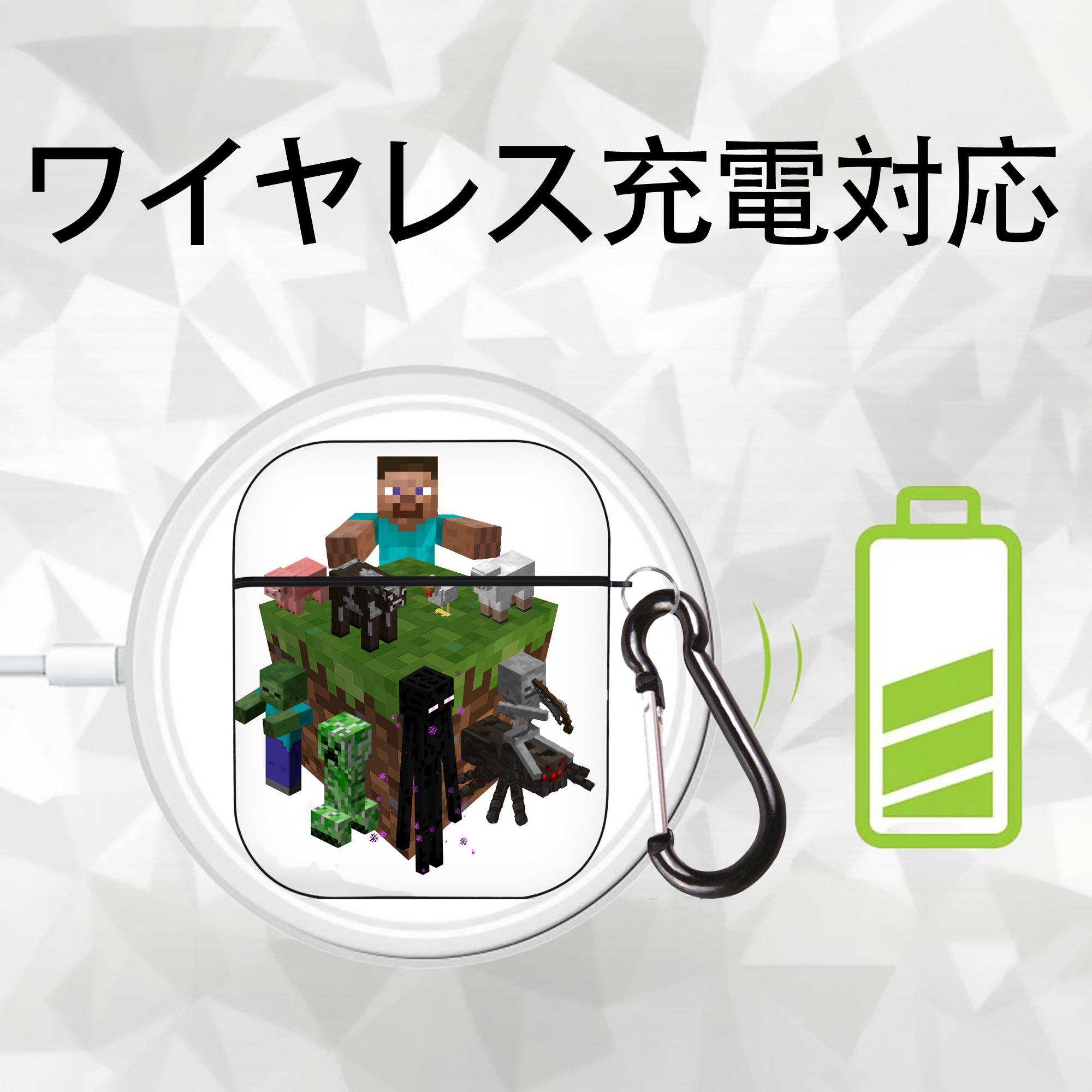 マインクラフト ブロックの世界 Minecraft MC Block world AirPods 第2世代保護ケース ハードシェル ブラック 耐衝撃・防指紋・カラビナ付き