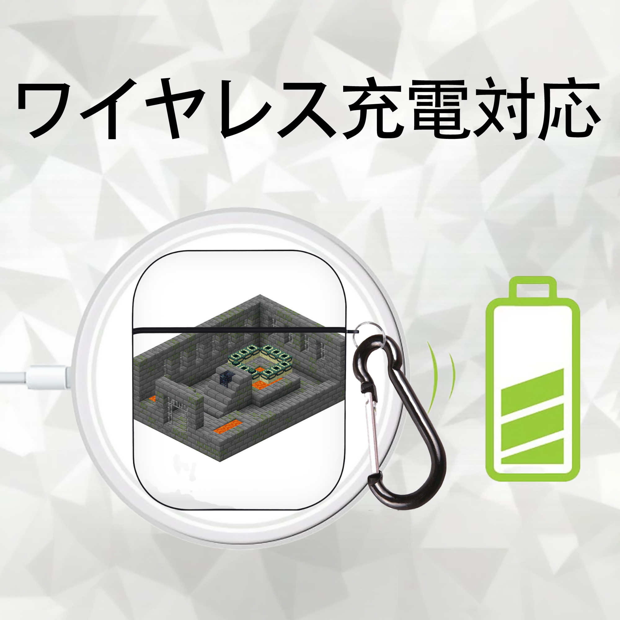 マインクラフト ブロックの世界 Minecraft MC Block world AirPods 第2世代保護ケース ハードシェル ブラック 耐衝撃・防指紋・カラビナ付き