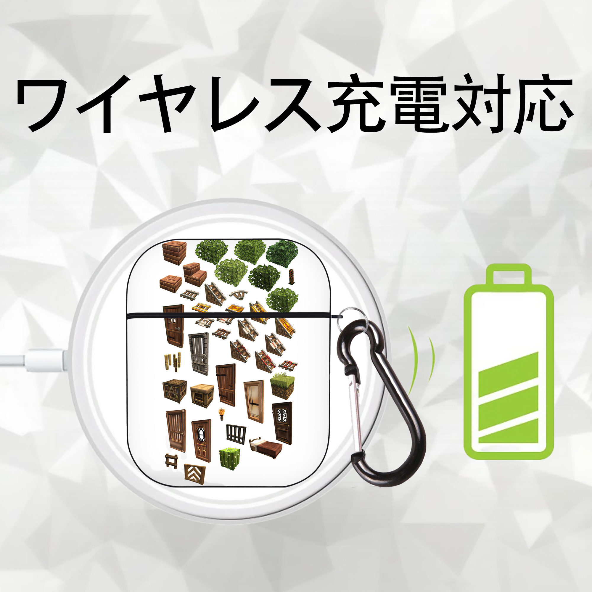 マインクラフト ブロックの世界 Minecraft MC Block world AirPods 第2世代保護ケース ハードシェル ブラック 耐衝撃・防指紋・カラビナ付き