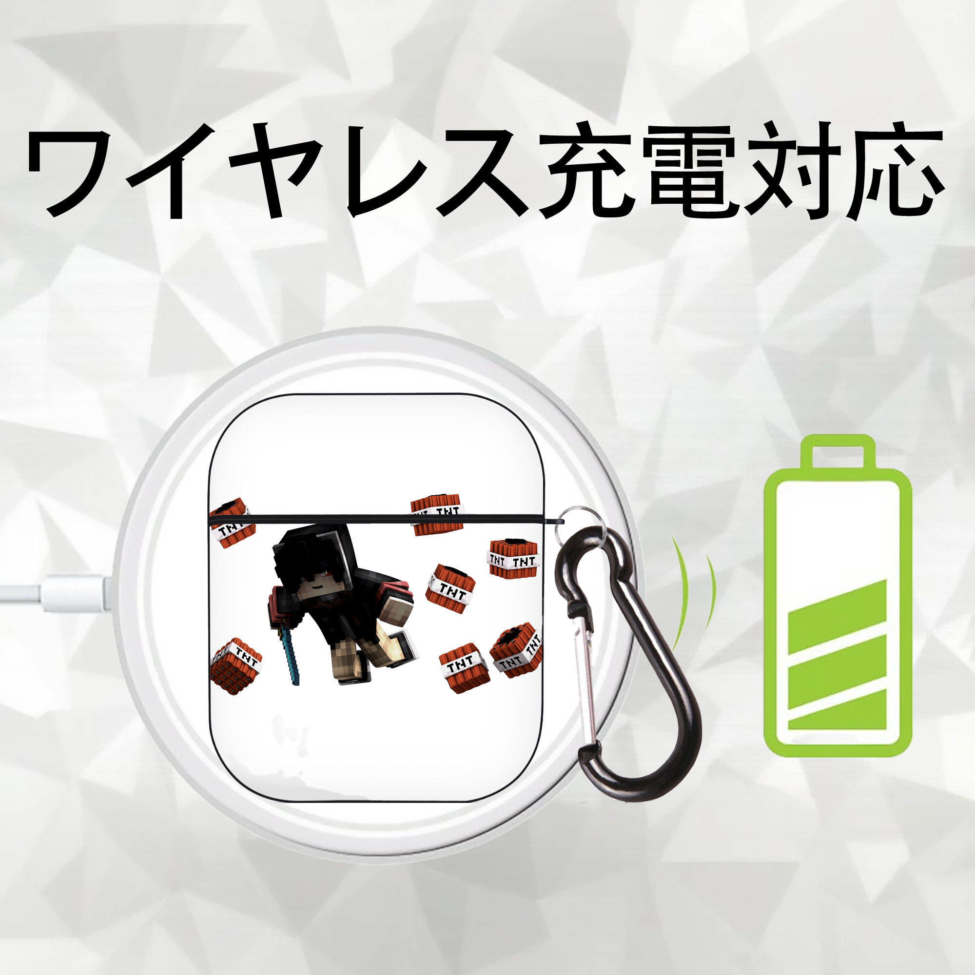 マインクラフト ブロックの世界 Minecraft MC Block world AirPods 第2世代保護ケース ハードシェル ブラック 耐衝撃・防指紋・カラビナ付き