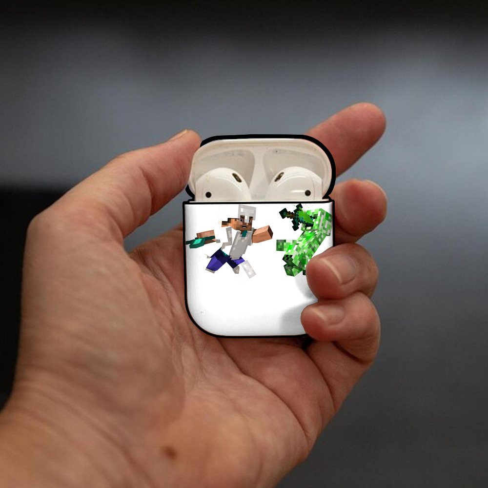 マインクラフト ブロックの世界 Minecraft MC Block world AirPods 第2世代保護ケース ハードシェル ブラック 耐衝撃・防指紋・カラビナ付き