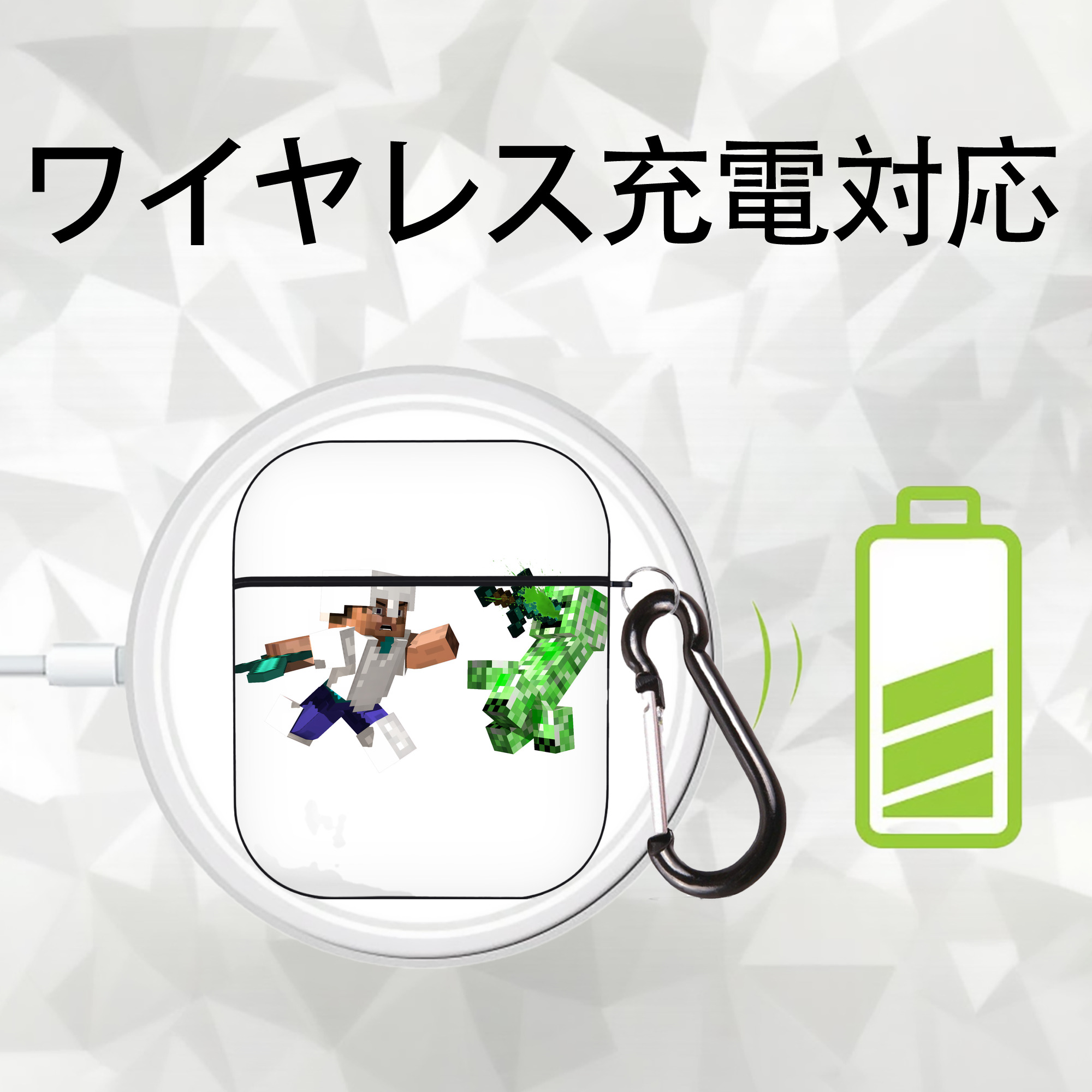 マインクラフト ブロックの世界 Minecraft MC Block world AirPods 第2世代保護ケース ハードシェル ブラック 耐衝撃・防指紋・カラビナ付き