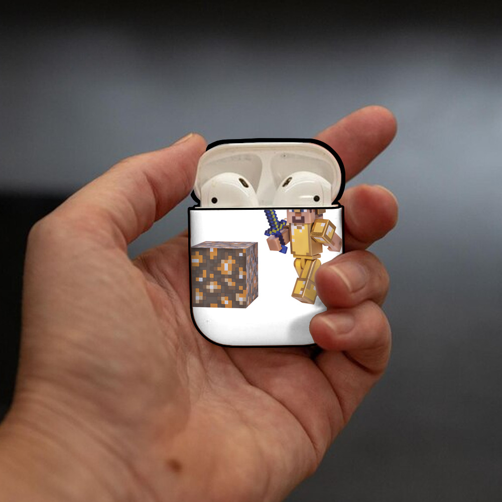 マインクラフト ブロックの世界 Minecraft MC Block world AirPods 第2世代保護ケース ハードシェル ブラック 耐衝撃・防指紋・カラビナ付き
