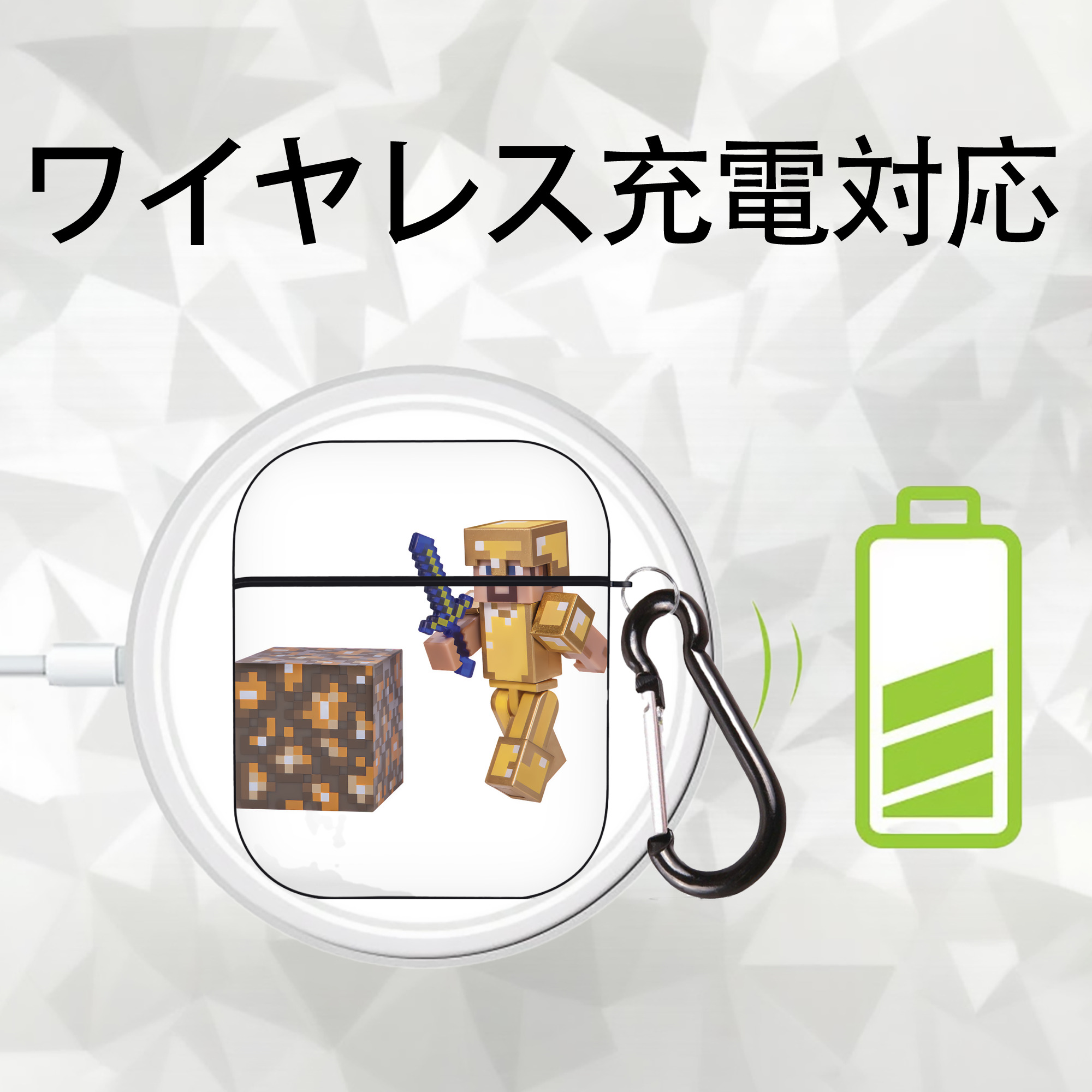 マインクラフト ブロックの世界 Minecraft MC Block world AirPods 第2世代保護ケース ハードシェル ブラック 耐衝撃・防指紋・カラビナ付き