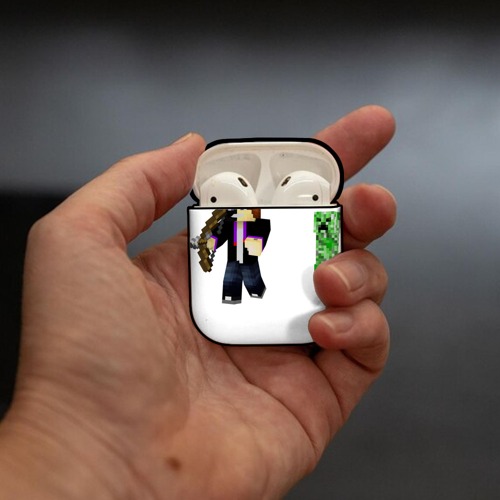 マインクラフト ブロックの世界 Minecraft MC Block world AirPods 第2世代保護ケース ハードシェル ブラック 耐衝撃・防指紋・カラビナ付き