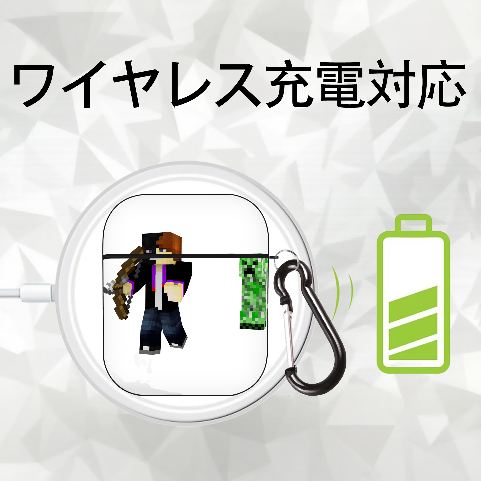 マインクラフト ブロックの世界 Minecraft MC Block world AirPods 第2世代保護ケース ハードシェル ブラック 耐衝撃・防指紋・カラビナ付き