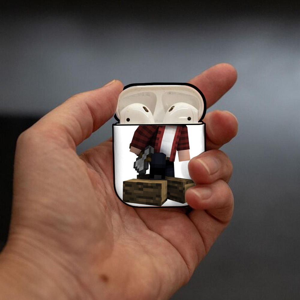 マインクラフト ブロックの世界 Minecraft MC Block world AirPods 第2世代保護ケース ハードシェル ブラック 耐衝撃・防指紋・カラビナ付き