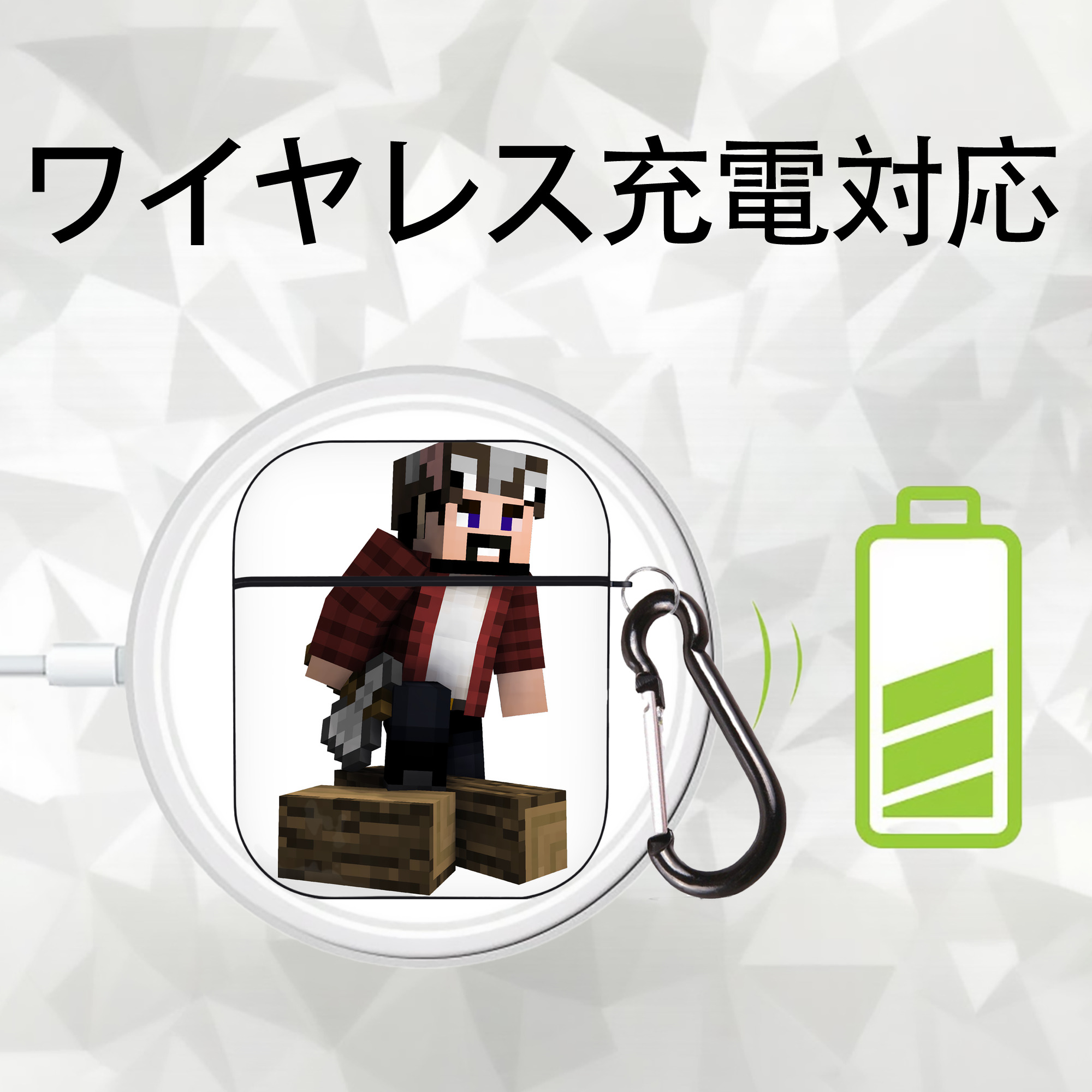 マインクラフト ブロックの世界 Minecraft MC Block world AirPods 第2世代保護ケース ハードシェル ブラック 耐衝撃・防指紋・カラビナ付き