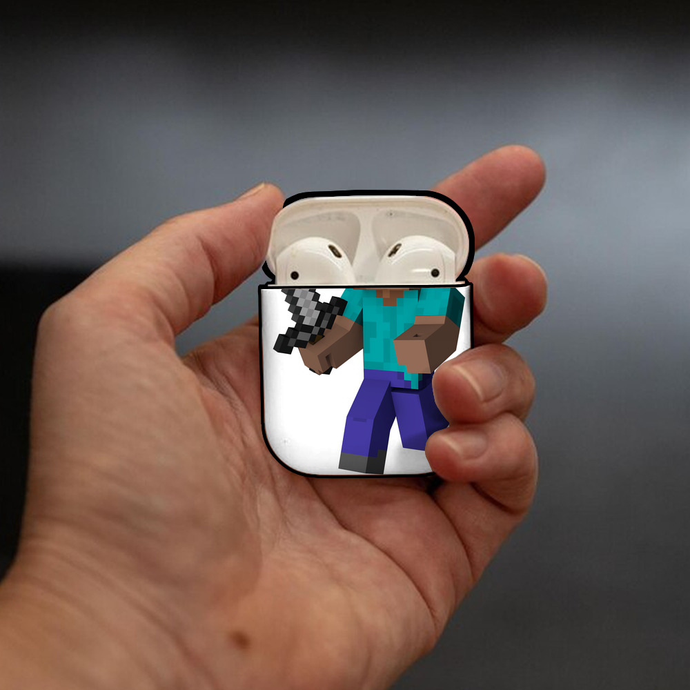マインクラフト ブロックの世界 Minecraft MC Block world AirPods 第2世代保護ケース ハードシェル ブラック 耐衝撃・防指紋・カラビナ付き