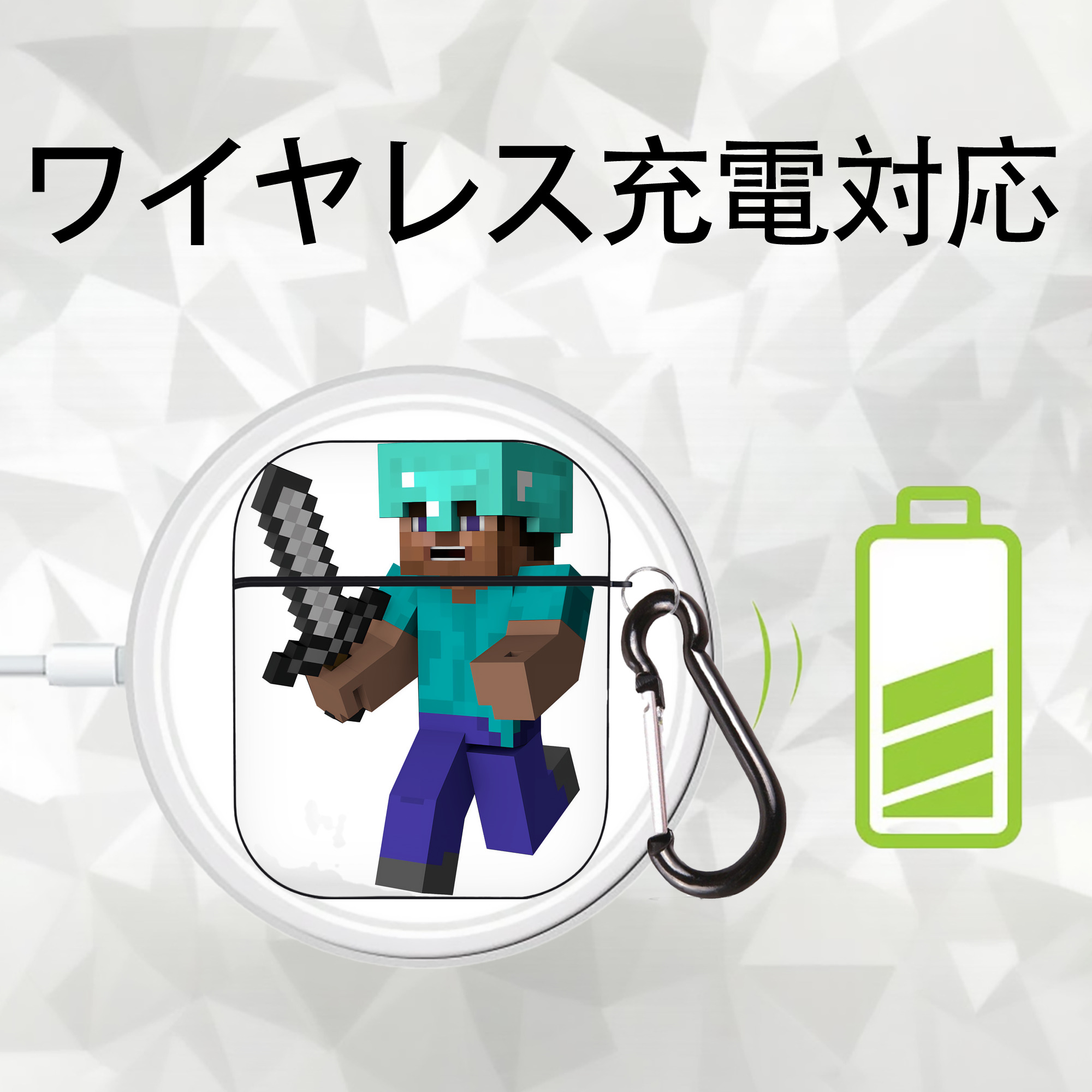 マインクラフト ブロックの世界 Minecraft MC Block world AirPods 第2世代保護ケース ハードシェル ブラック 耐衝撃・防指紋・カラビナ付き