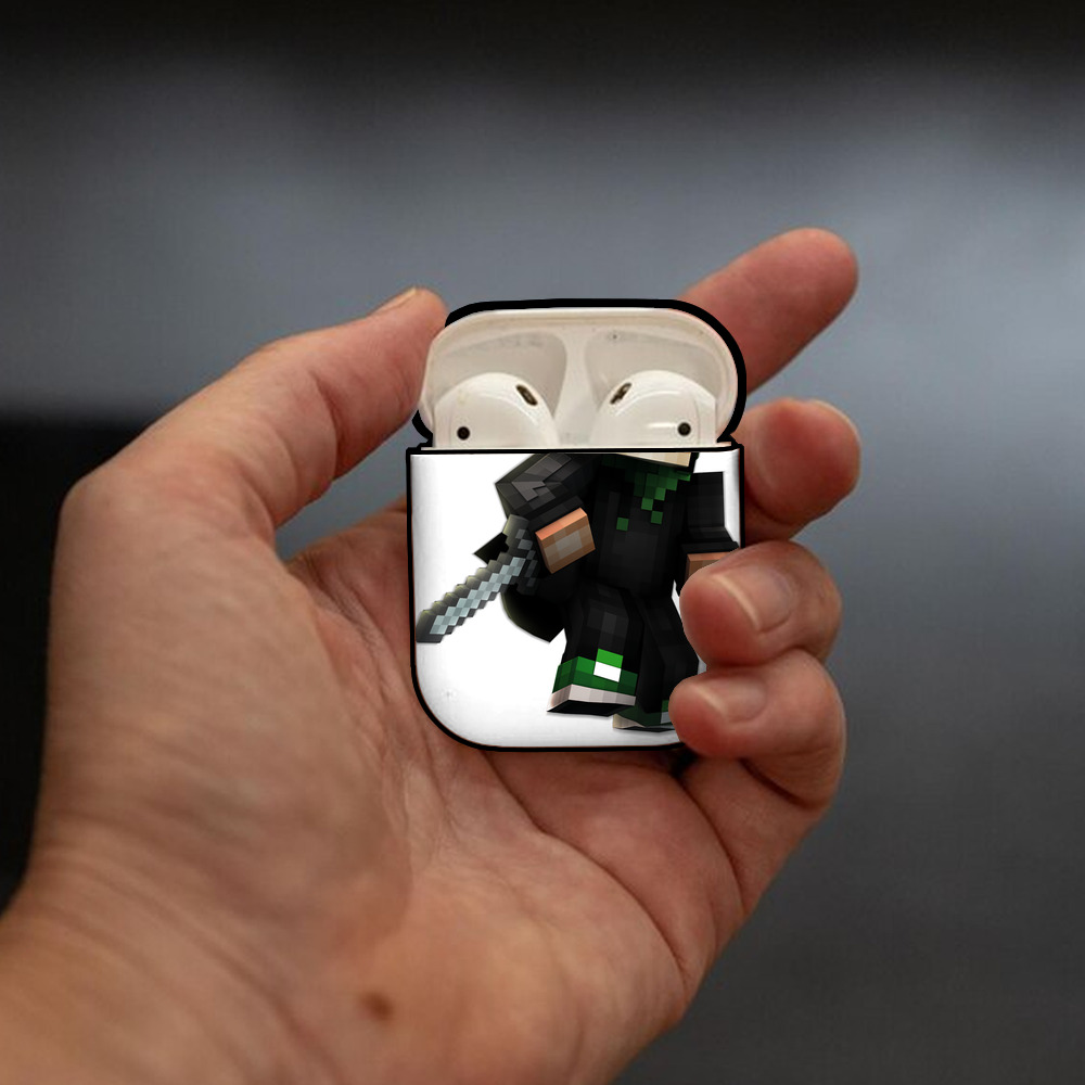 マインクラフト ブロックの世界 Minecraft MC Block world AirPods 第2世代保護ケース ハードシェル ブラック 耐衝撃・防指紋・カラビナ付き