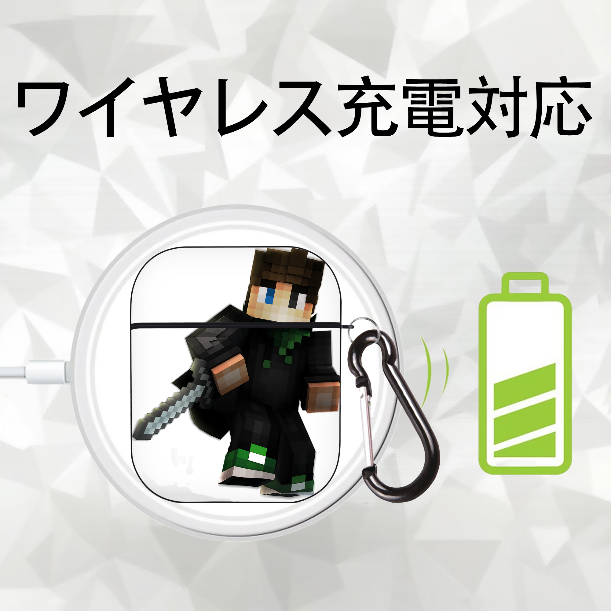マインクラフト ブロックの世界 Minecraft MC Block world AirPods 第2世代保護ケース ハードシェル ブラック 耐衝撃・防指紋・カラビナ付き