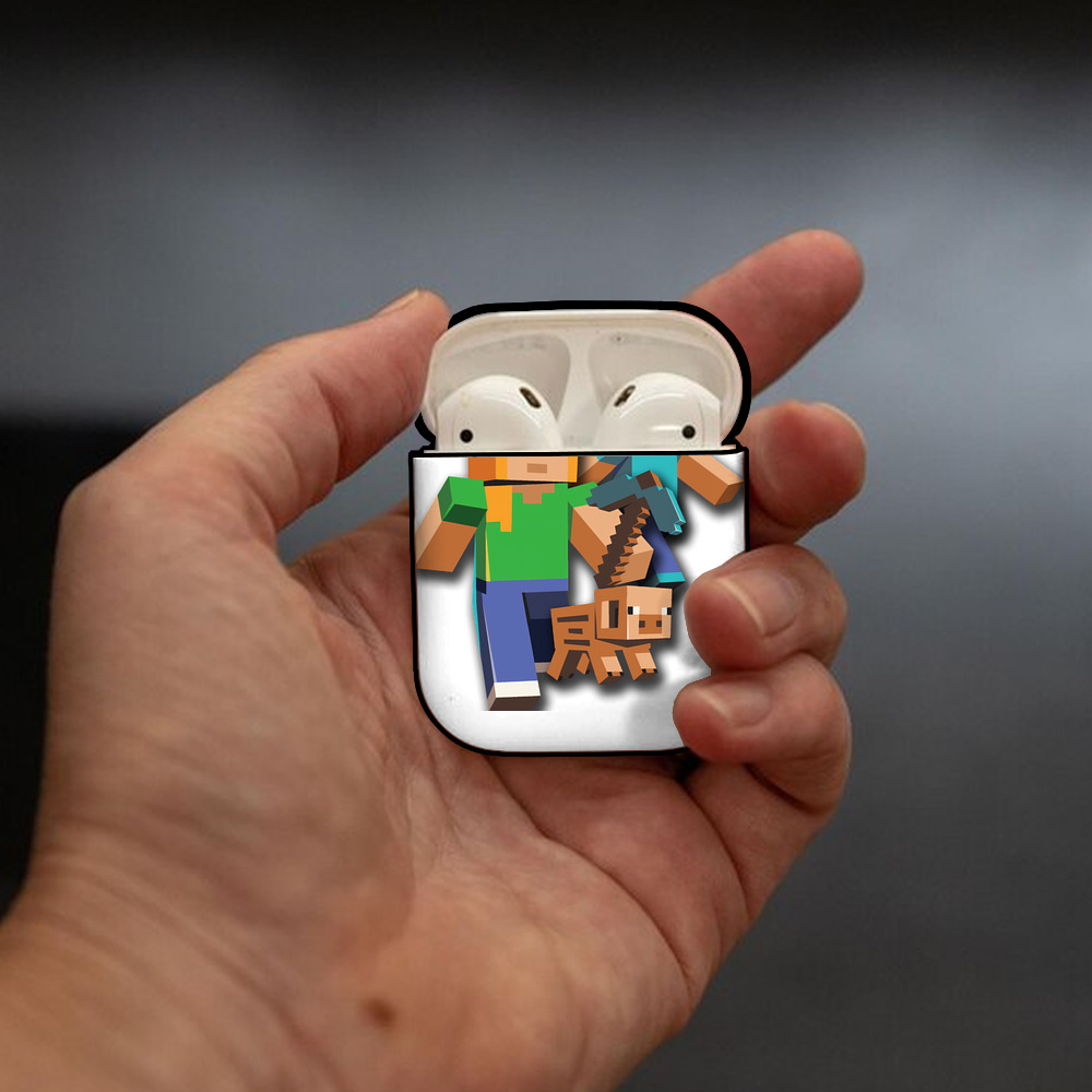 マインクラフト ブロックの世界 Minecraft MC Block world AirPods 第2世代保護ケース ハードシェル ブラック 耐衝撃・防指紋・カラビナ付き