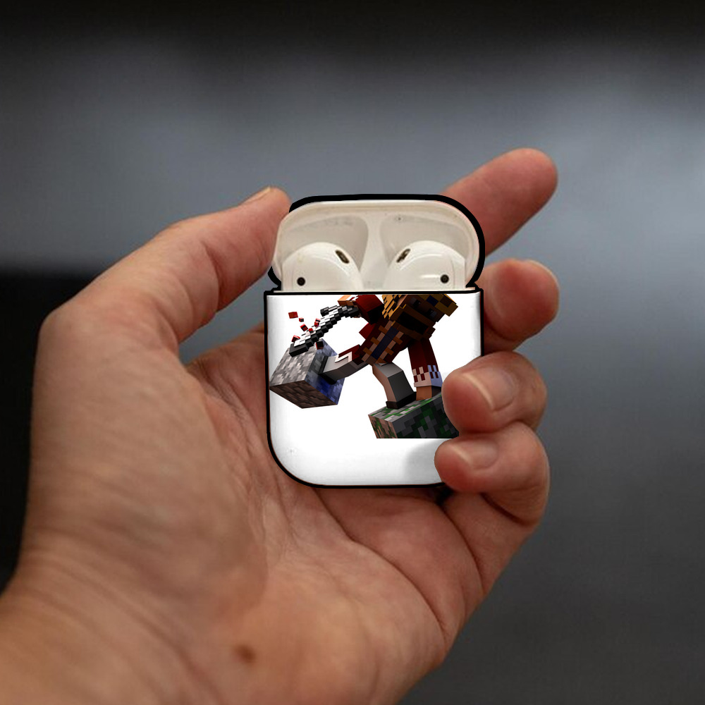 マインクラフト ブロックの世界 Minecraft MC Block world AirPods 第2世代保護ケース ハードシェル ブラック 耐衝撃・防指紋・カラビナ付き