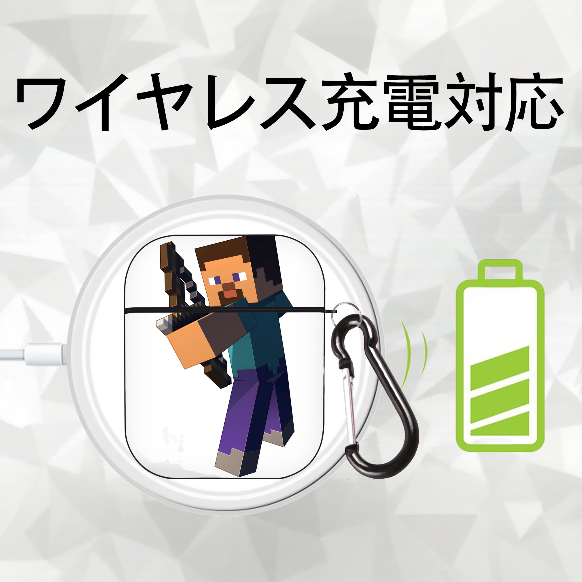 マインクラフト ブロックの世界 Minecraft MC Block world AirPods 第2世代保護ケース ハードシェル ブラック 耐衝撃・防指紋・カラビナ付き
