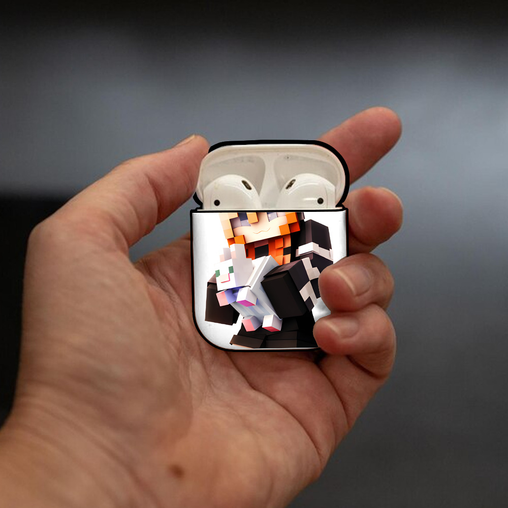 マインクラフト ブロックの世界 Minecraft MC Block world AirPods 第2世代保護ケース ハードシェル ブラック 耐衝撃・防指紋・カラビナ付き
