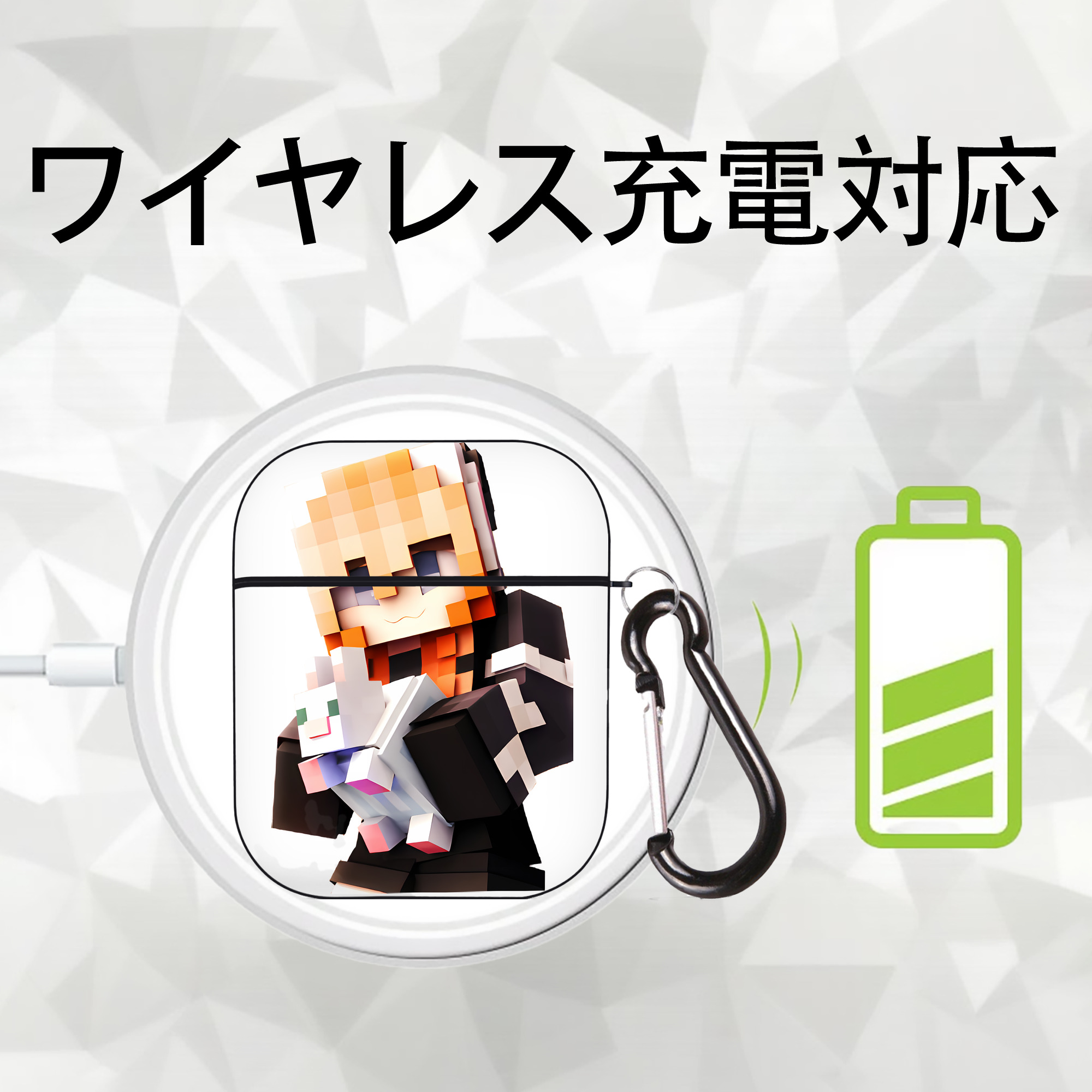 マインクラフト ブロックの世界 Minecraft MC Block world AirPods 第2世代保護ケース ハードシェル ブラック 耐衝撃・防指紋・カラビナ付き