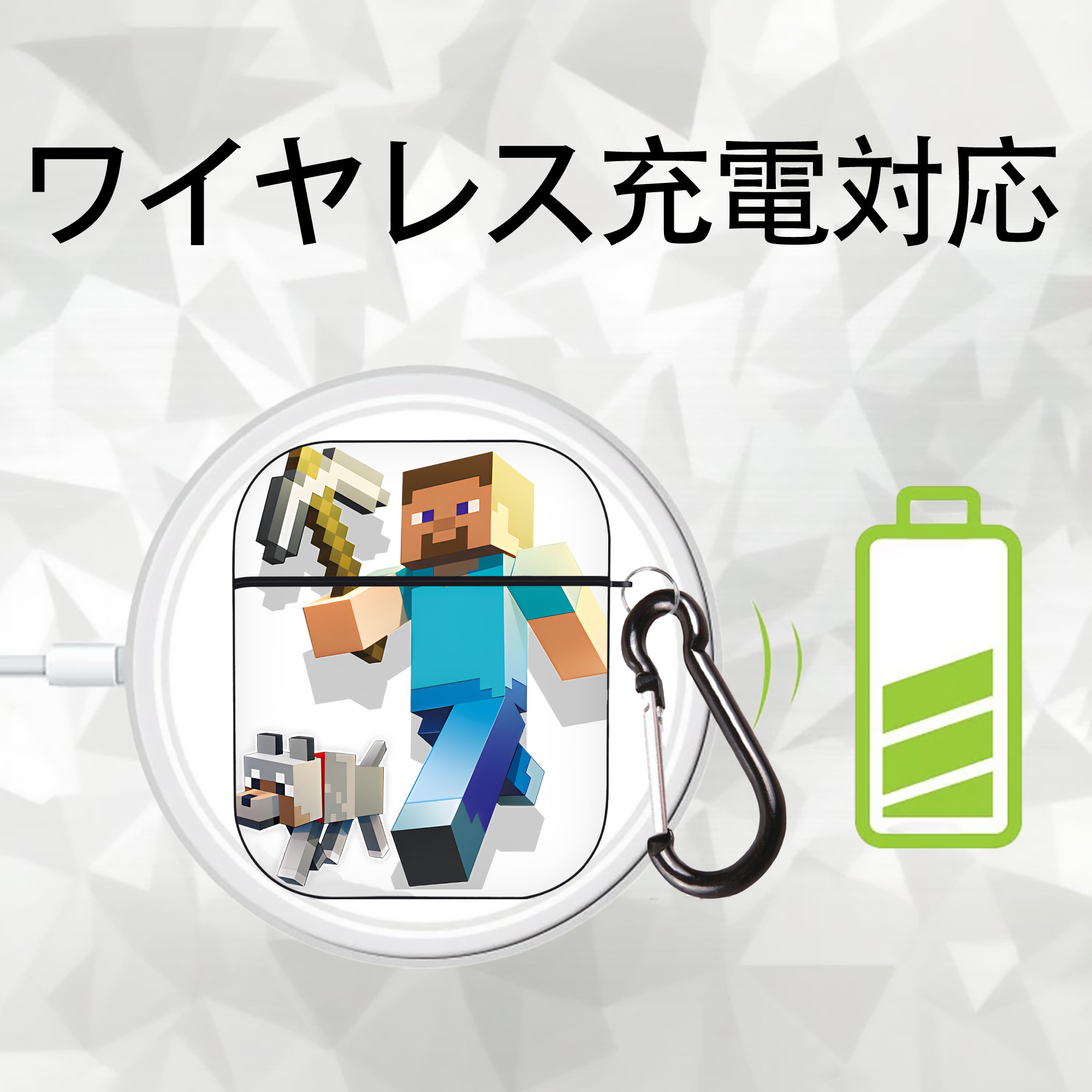 マインクラフト ブロックの世界 Minecraft MC Block world AirPods 第2世代保護ケース ハードシェル ブラック 耐衝撃・防指紋・カラビナ付き