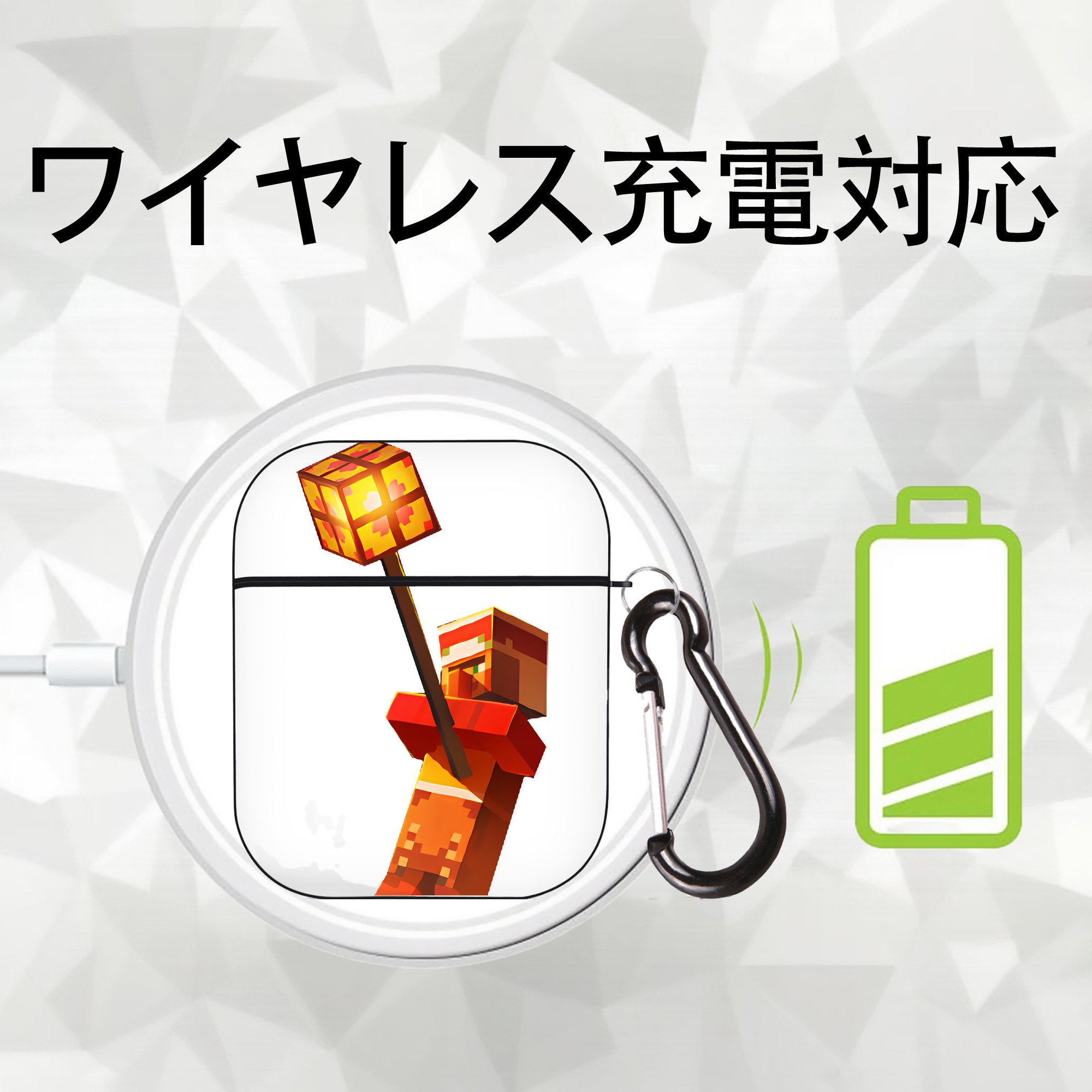 マインクラフト ブロックの世界 Minecraft MC Block world AirPods 第2世代保護ケース ハードシェル ブラック 耐衝撃・防指紋・カラビナ付き