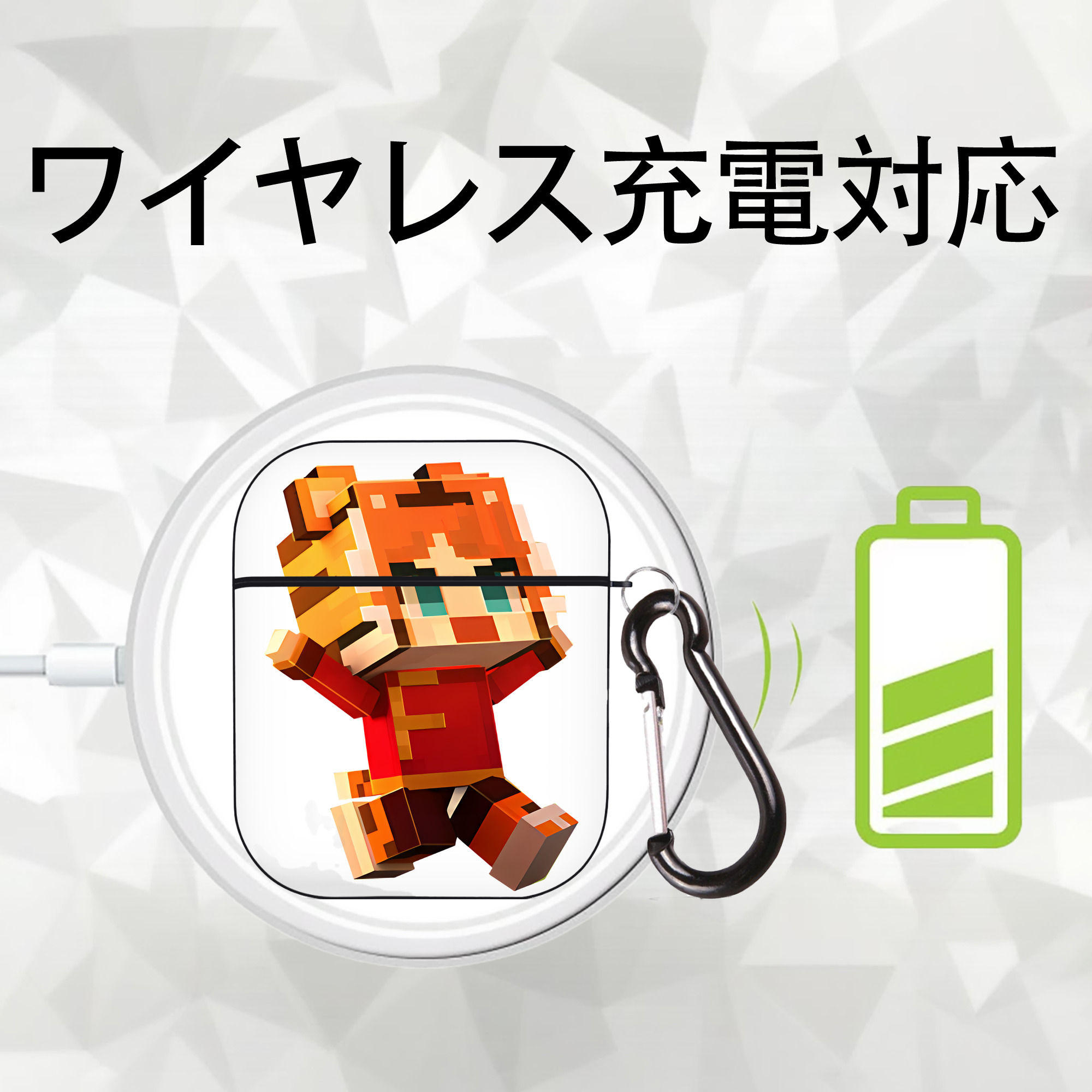 マインクラフト ブロックの世界 Minecraft MC Block world AirPods 第2世代保護ケース ハードシェル ブラック 耐衝撃・防指紋・カラビナ付き