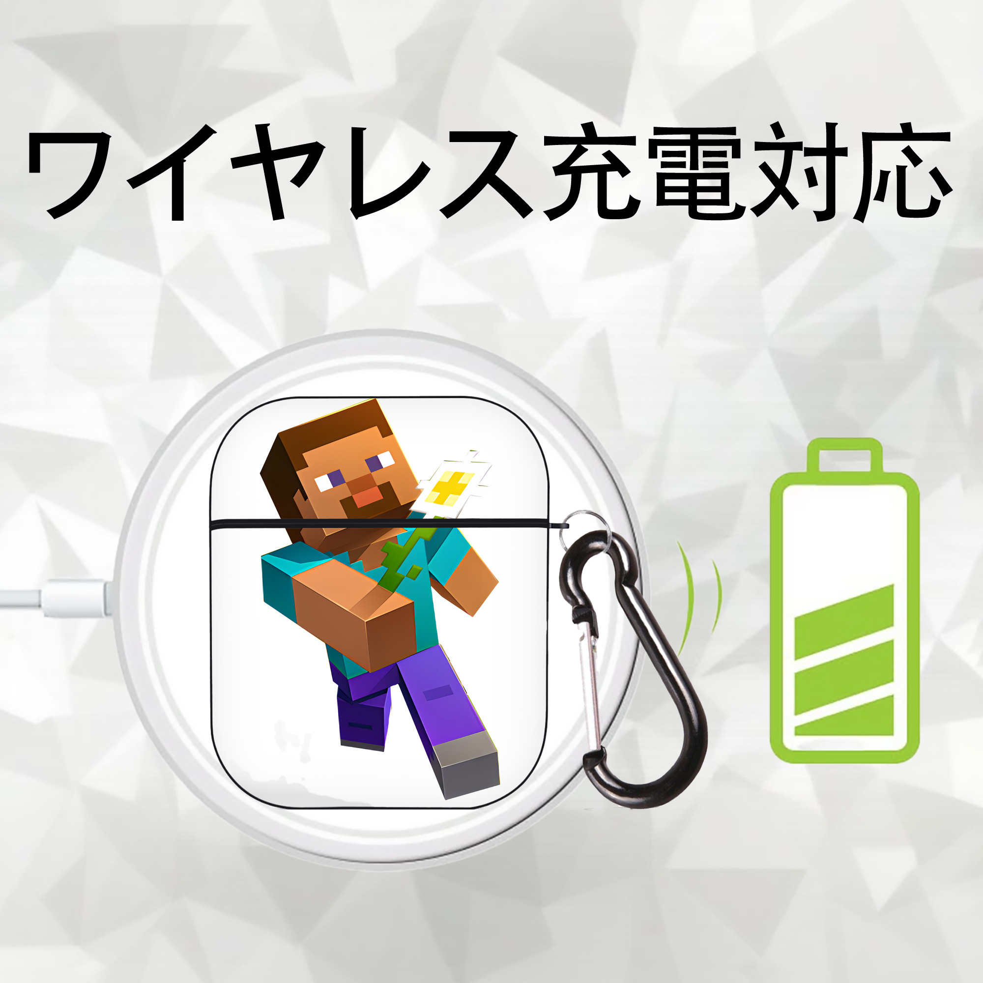 マインクラフト ブロックの世界 Minecraft MC Block world AirPods 第2世代保護ケース ハードシェル ブラック 耐衝撃・防指紋・カラビナ付き
