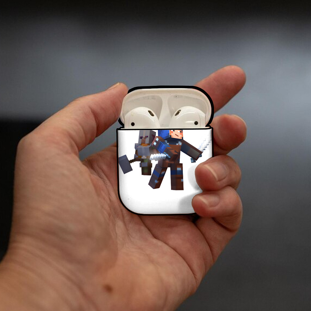 マインクラフト ブロックの世界 Minecraft MC Block world AirPods 第2世代保護ケース ハードシェル ブラック 耐衝撃・防指紋・カラビナ付き
