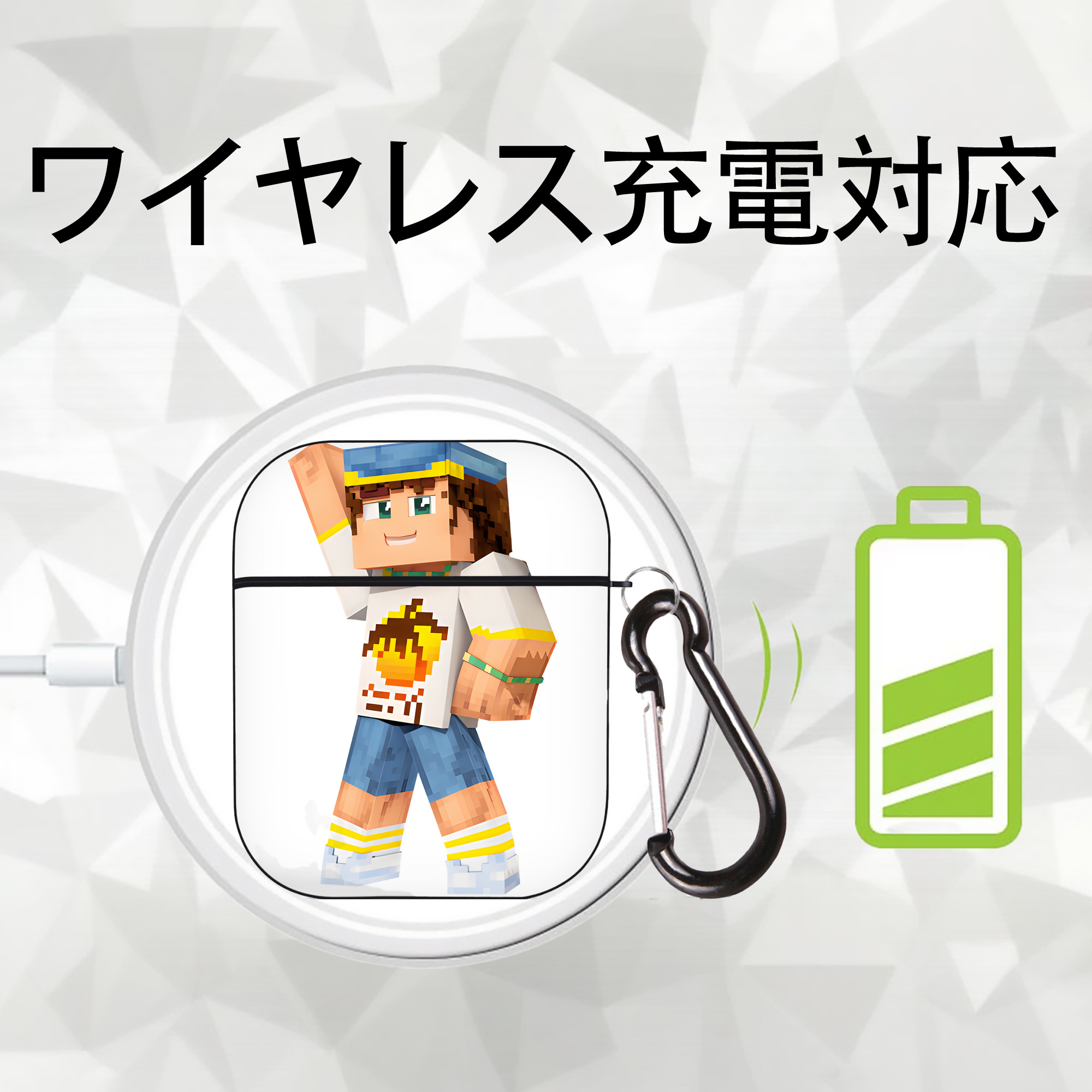 マインクラフト ブロックの世界 Minecraft MC Block world AirPods 第2世代保護ケース ハードシェル ブラック 耐衝撃・防指紋・カラビナ付き