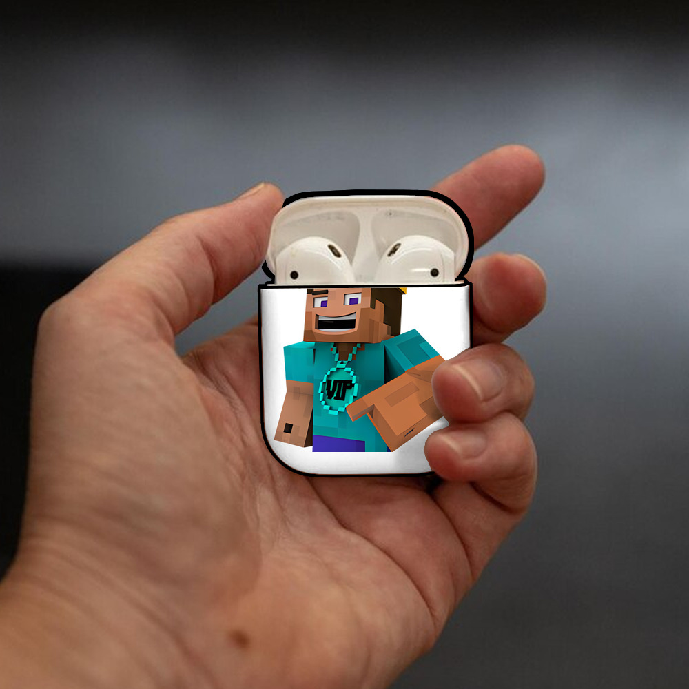 マインクラフト ブロックの世界 Minecraft MC Block world AirPods 第2世代保護ケース ハードシェル ブラック 耐衝撃・防指紋・カラビナ付き