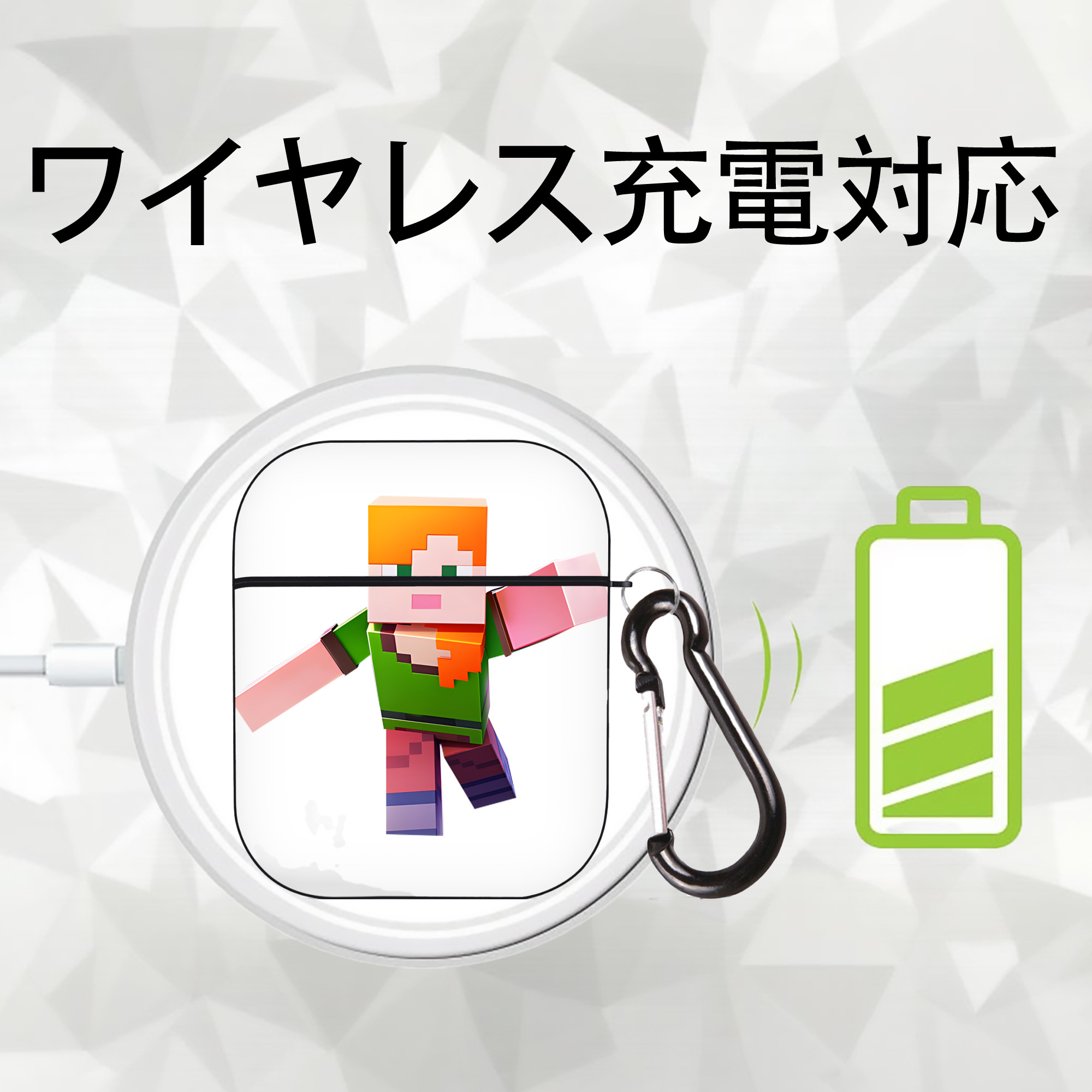 マインクラフト ブロックの世界 Minecraft MC Block world AirPods 第2世代保護ケース ハードシェル ブラック 耐衝撃・防指紋・カラビナ付き
