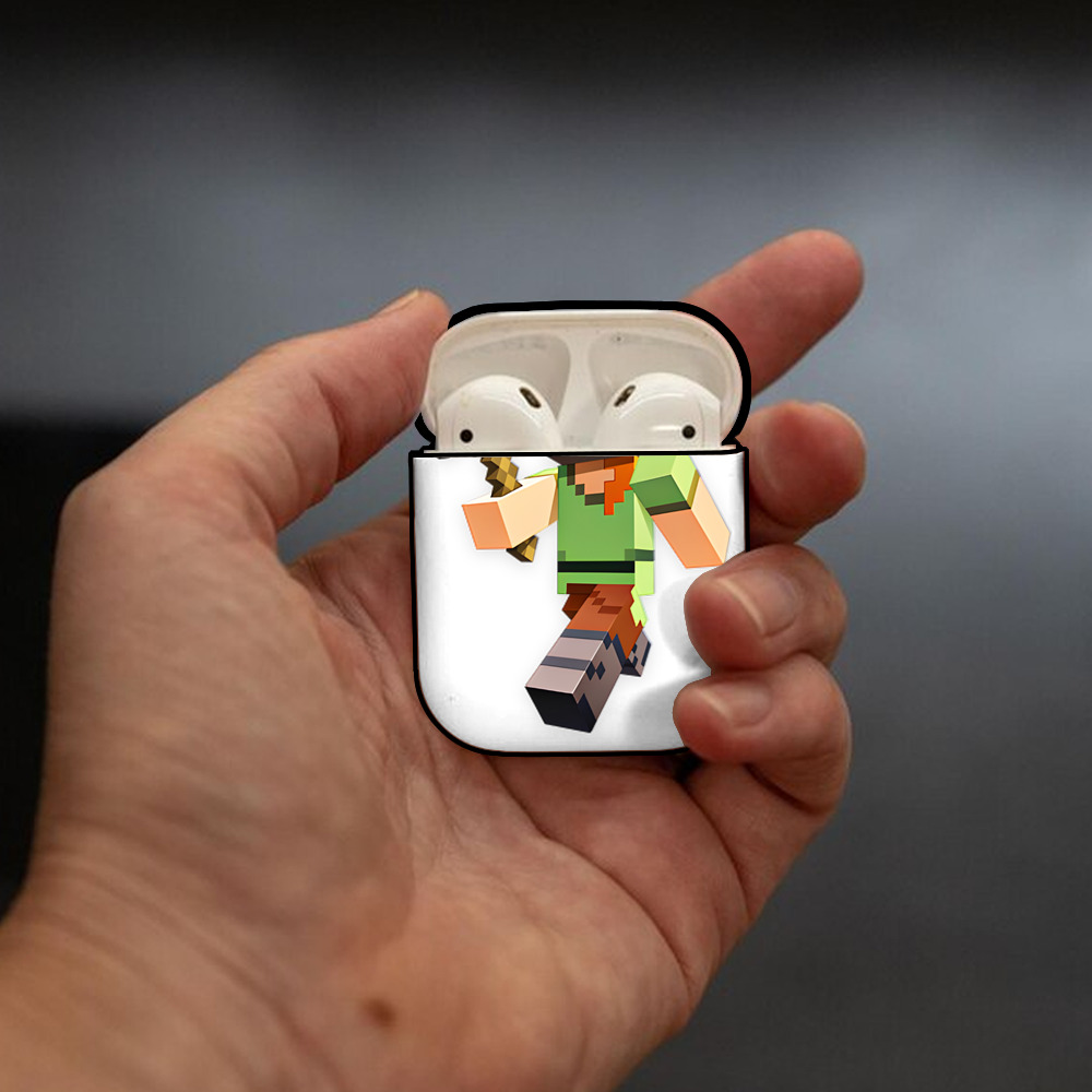 マインクラフト ブロックの世界 Minecraft MC Block world AirPods 第2世代保護ケース ハードシェル ブラック 耐衝撃・防指紋・カラビナ付き