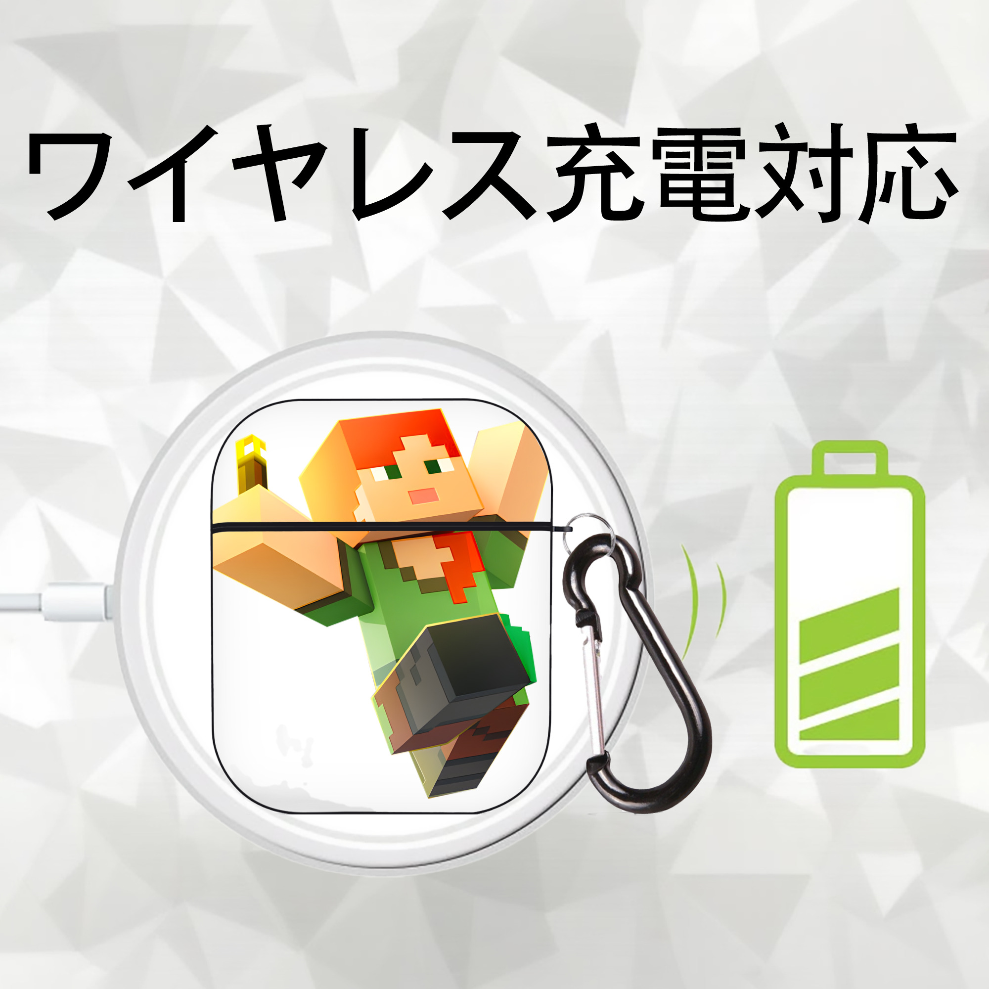 マインクラフト ブロックの世界 Minecraft MC Block world AirPods 第2世代保護ケース ハードシェル ブラック 耐衝撃・防指紋・カラビナ付き