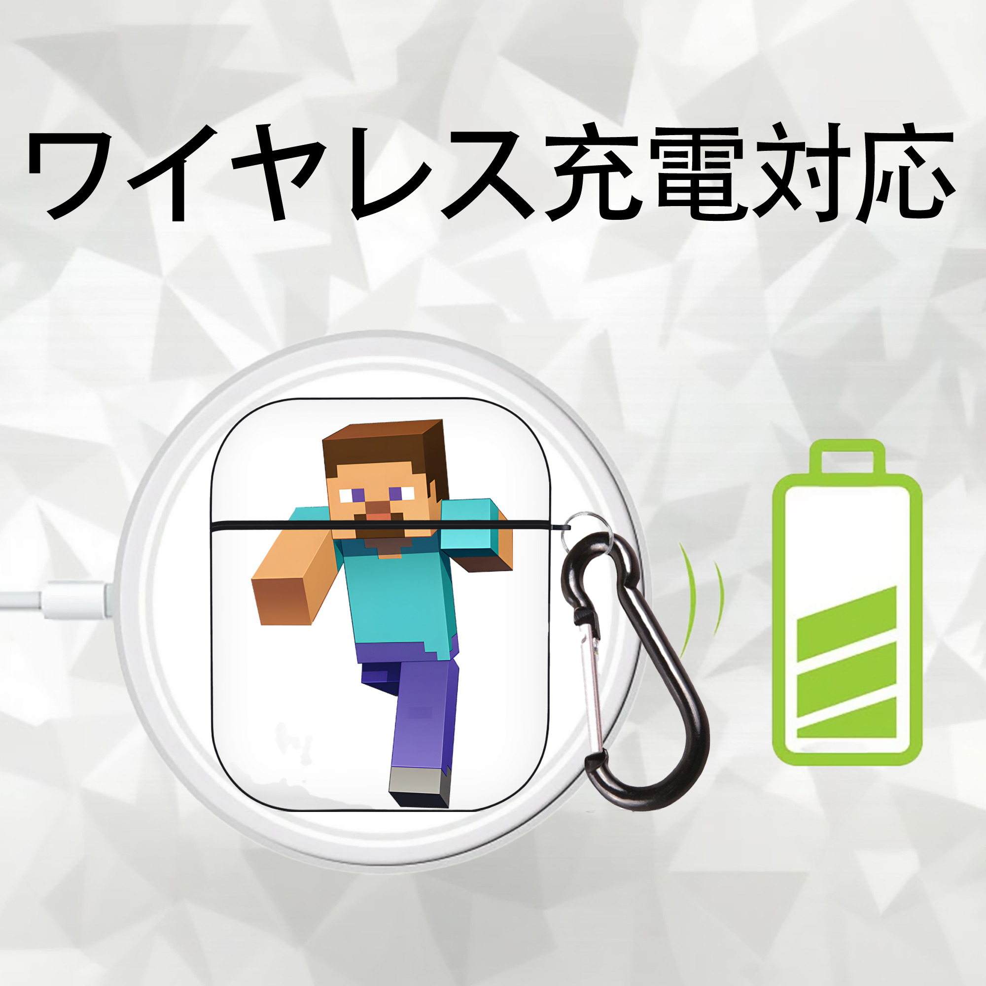 マインクラフト ブロックの世界 Minecraft MC Block world AirPods 第2世代保護ケース ハードシェル ブラック 耐衝撃・防指紋・カラビナ付き