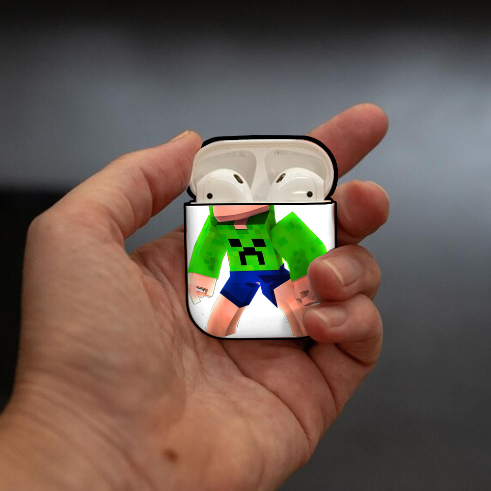 マインクラフト ブロックの世界 Minecraft MC Block world AirPods 第2世代保護ケース ハードシェル ブラック 耐衝撃・防指紋・カラビナ付き
