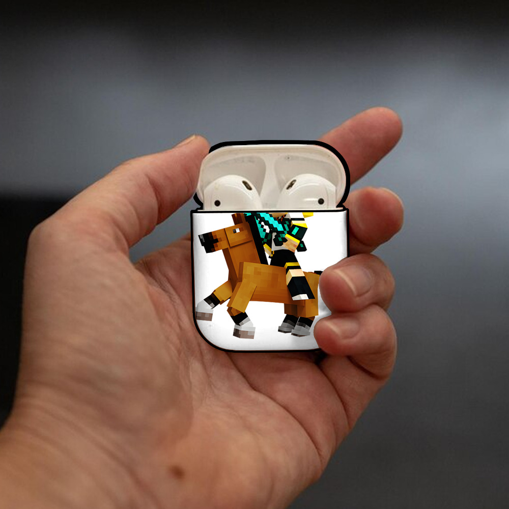 マインクラフト ブロックの世界 Minecraft MC Block world AirPods 第2世代保護ケース ハードシェル ブラック 耐衝撃・防指紋・カラビナ付き