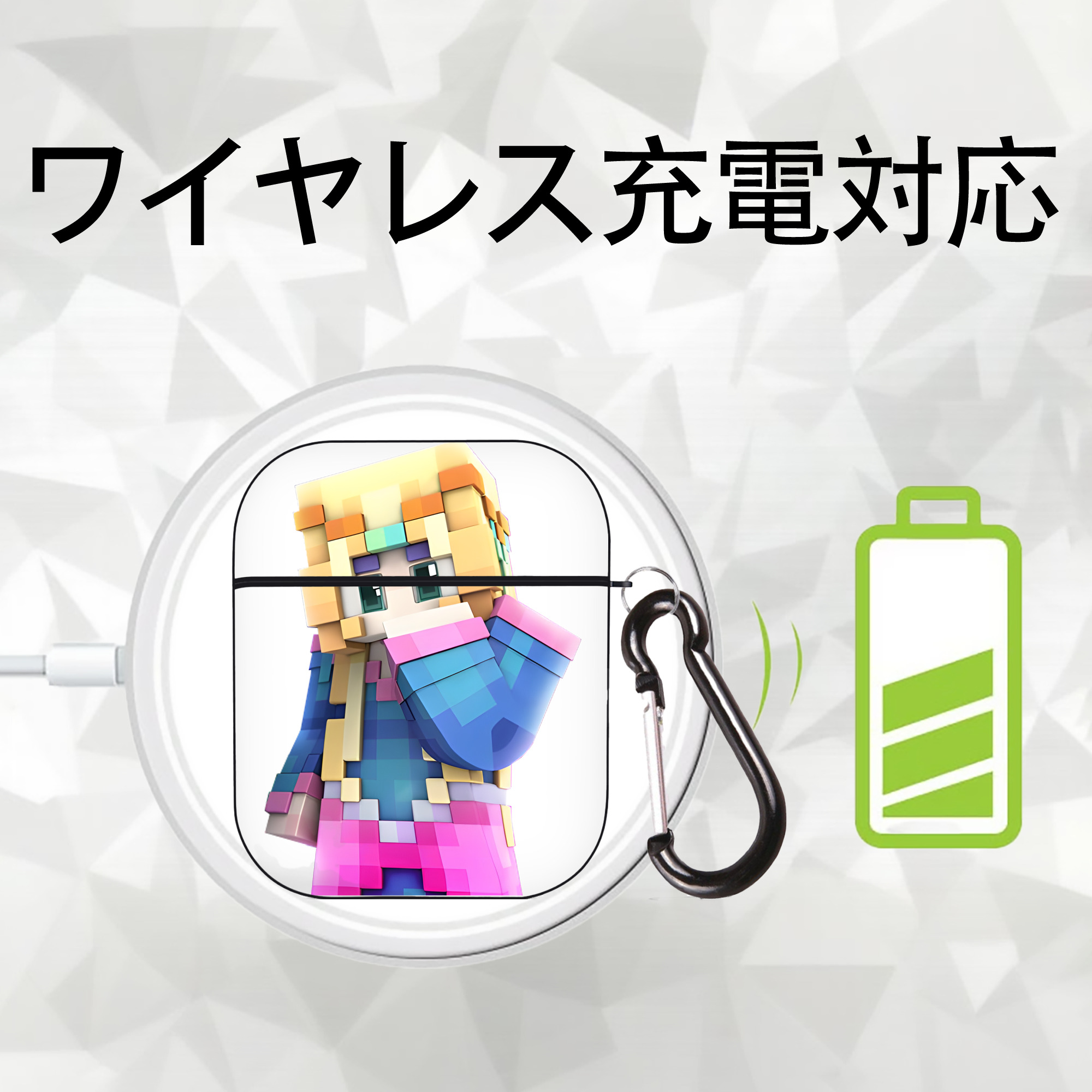 マインクラフト ブロックの世界 Minecraft MC Block world AirPods 第2世代保護ケース ハードシェル ブラック 耐衝撃・防指紋・カラビナ付き