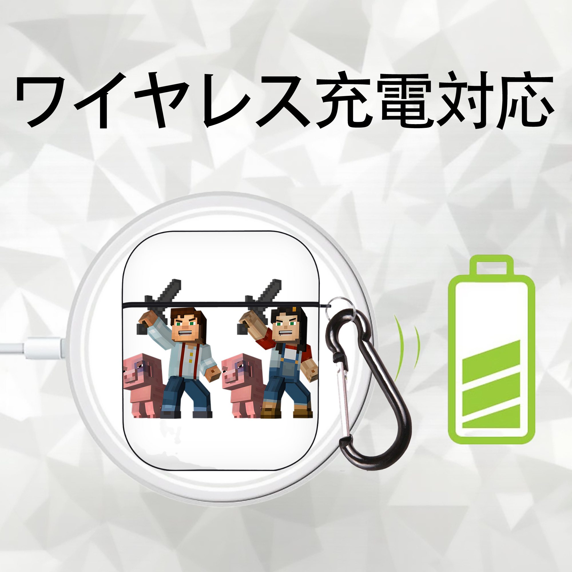 マインクラフト ブロックの世界 Minecraft MC Block world AirPods 第2世代保護ケース ハードシェル ブラック 耐衝撃・防指紋・カラビナ付き