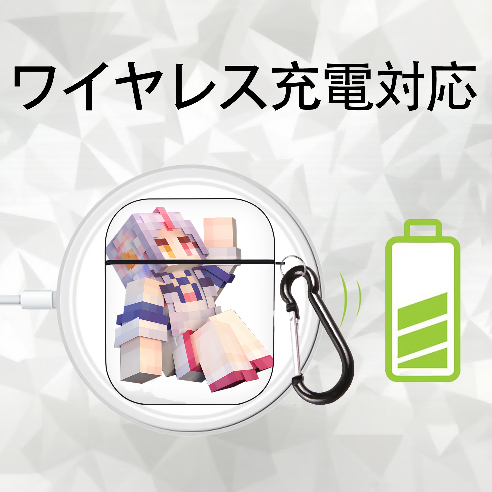 マインクラフト ブロックの世界 Minecraft MC Block world AirPods 第2世代保護ケース ハードシェル ブラック 耐衝撃・防指紋・カラビナ付き
