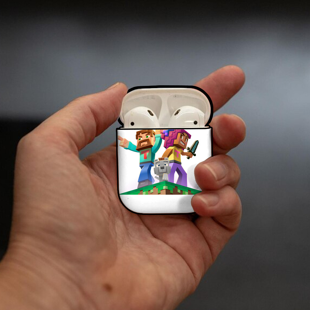 マインクラフト ブロックの世界 Minecraft MC Block world AirPods 第2世代保護ケース ハードシェル ブラック 耐衝撃・防指紋・カラビナ付き