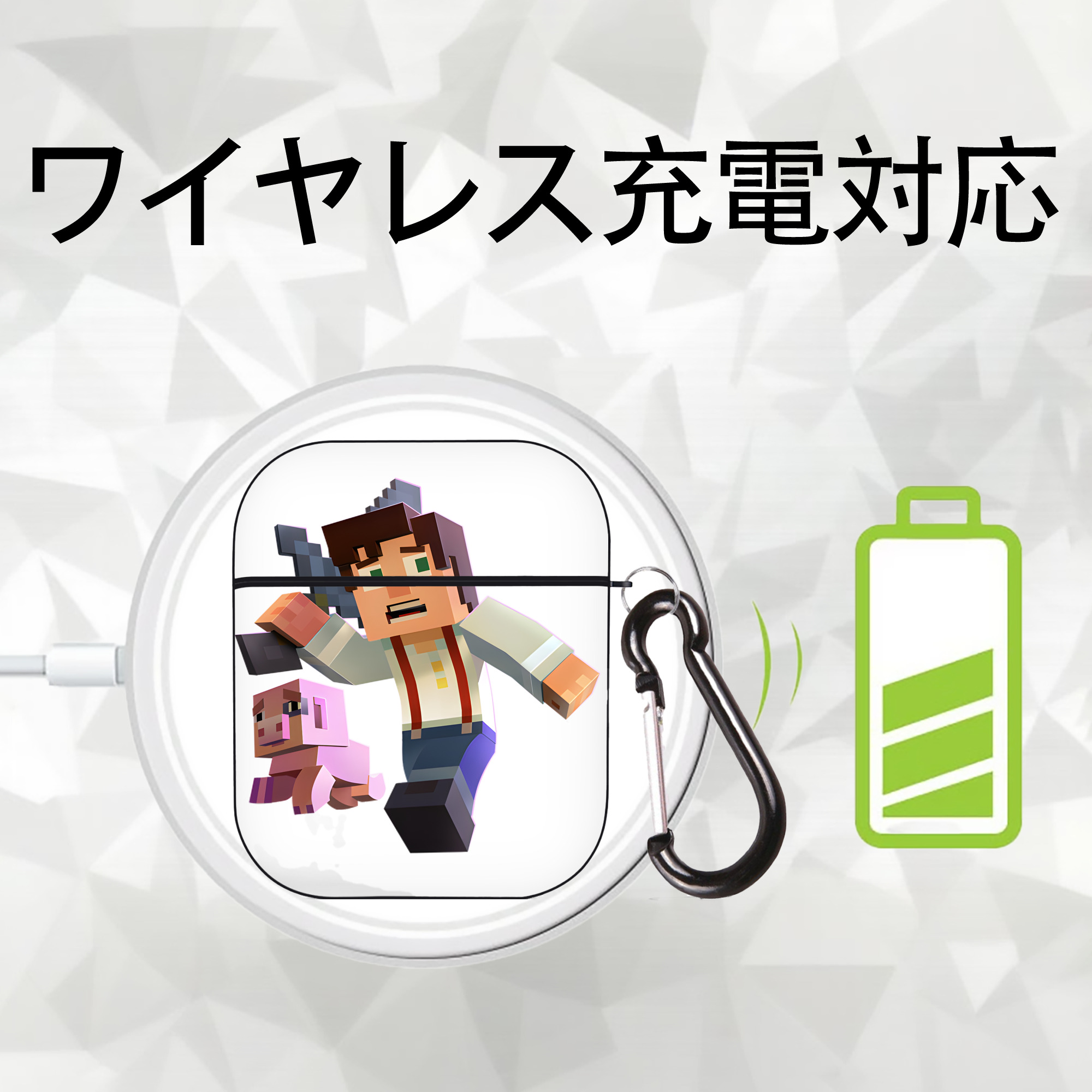 マインクラフト ブロックの世界 Minecraft MC Block world AirPods 第2世代保護ケース ハードシェル ブラック 耐衝撃・防指紋・カラビナ付き
