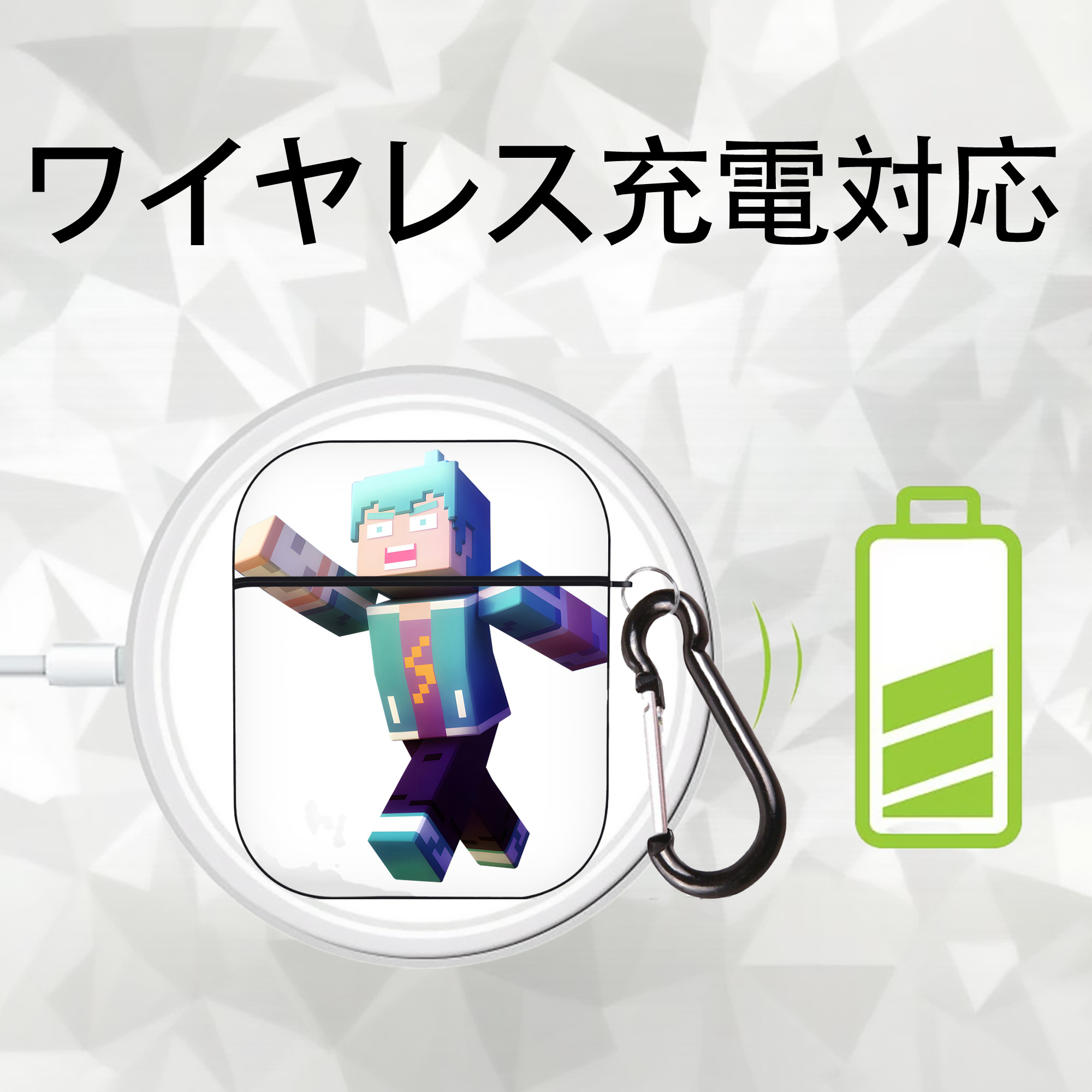 マインクラフト ブロックの世界 Minecraft MC Block world AirPods 第2世代保護ケース ハードシェル ブラック 耐衝撃・防指紋・カラビナ付き